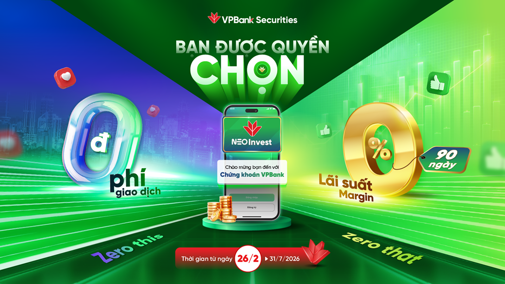 Nhà đầu tư được chọn giữa ưu đãi miễn phí giao dịch hoặc lãi margin từ 0%/năm. (Ảnh: VPBankS).