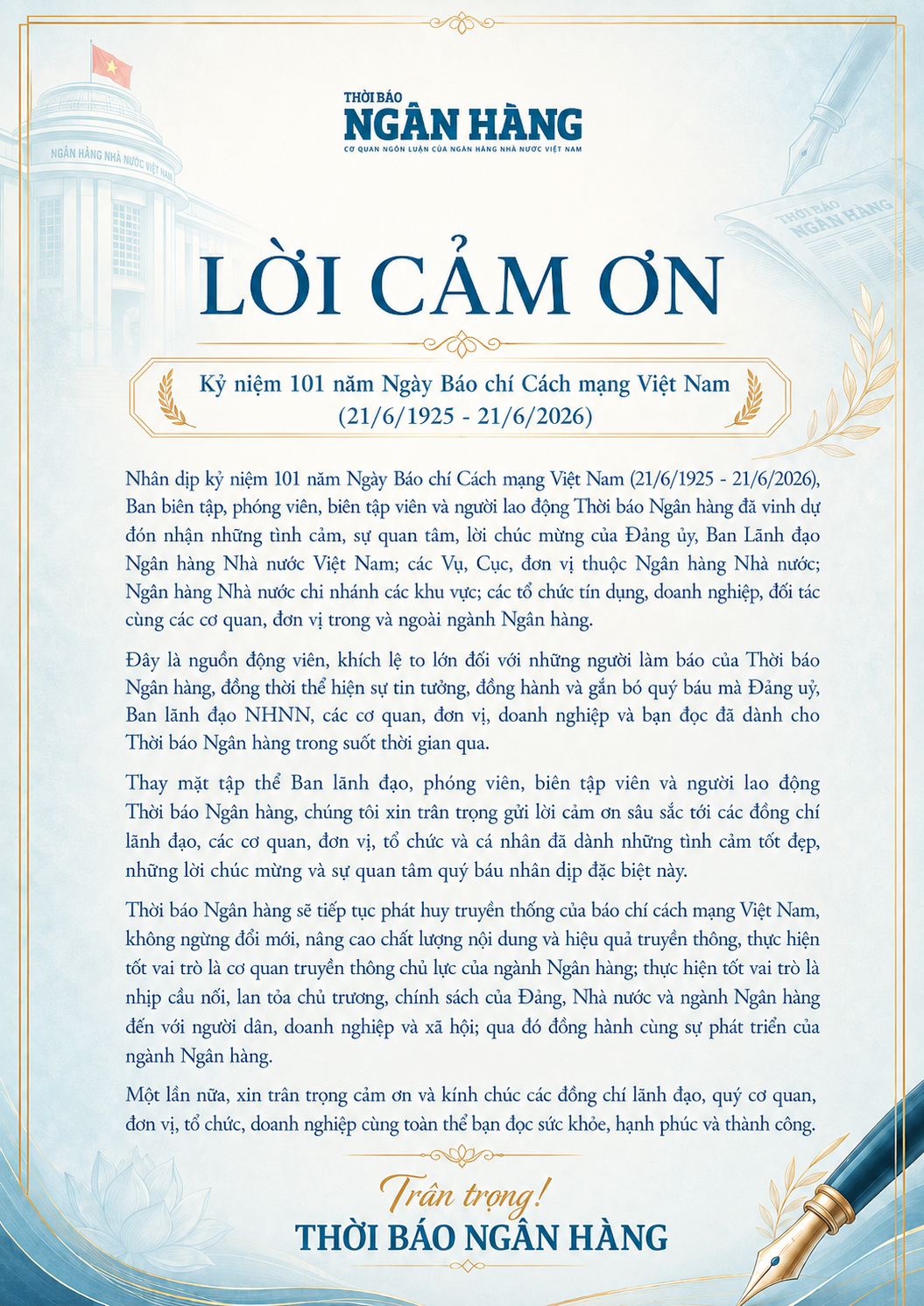 Lời cảm ơn của Thời báo Ngân hàng nhân dịp kỷ niệm 101 năm Ngày Báo chí Cách mạng Việt Nam Lời cảm ơn của Thời báo Ngân hàng nhân dịp kỷ niệm 101 năm Ngày Báo chí Cách mạng Việt Nam