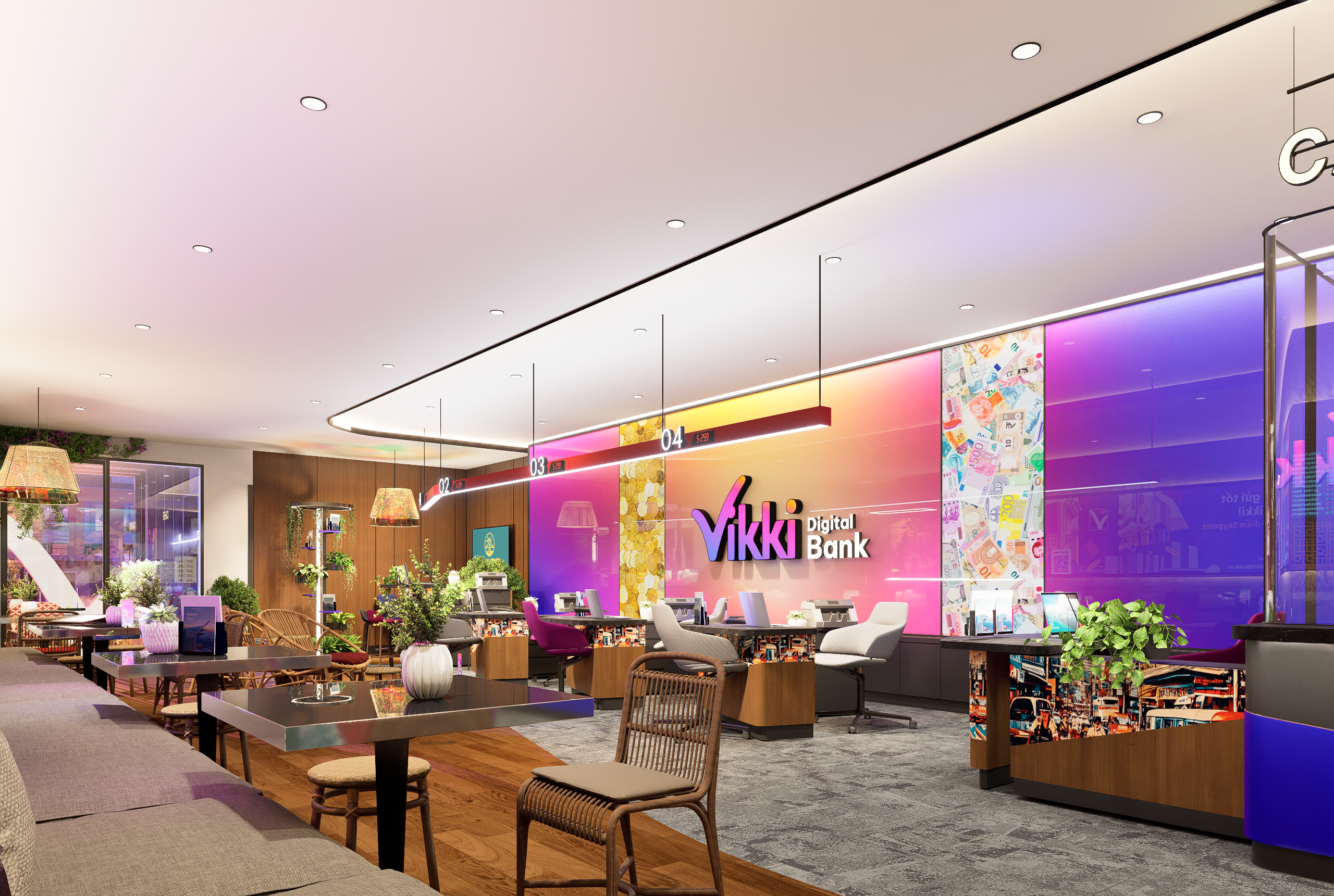 Thiết kế khu vực “Điểm hẹn Tài chính - Cafe in Bank” kết hợp giữa ngân hàng số, không gian giao dịch thông minh và café kết nối cộng đồng của Vikki Digital Bank Thiết kế khu vực “Điểm hẹn Tài chính - Cafe in Bank” kết hợp giữa ngân hàng số, không gian giao dịch thông minh và café kết nối cộng đồng của Vikki Digital Bank
