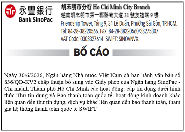 Ngân hàng SinoPac - Chi nhánh Thành phố Hồ Chí Minh thông báo về việc cấp bổ sung nội dung hoạt động vào Giấy phép