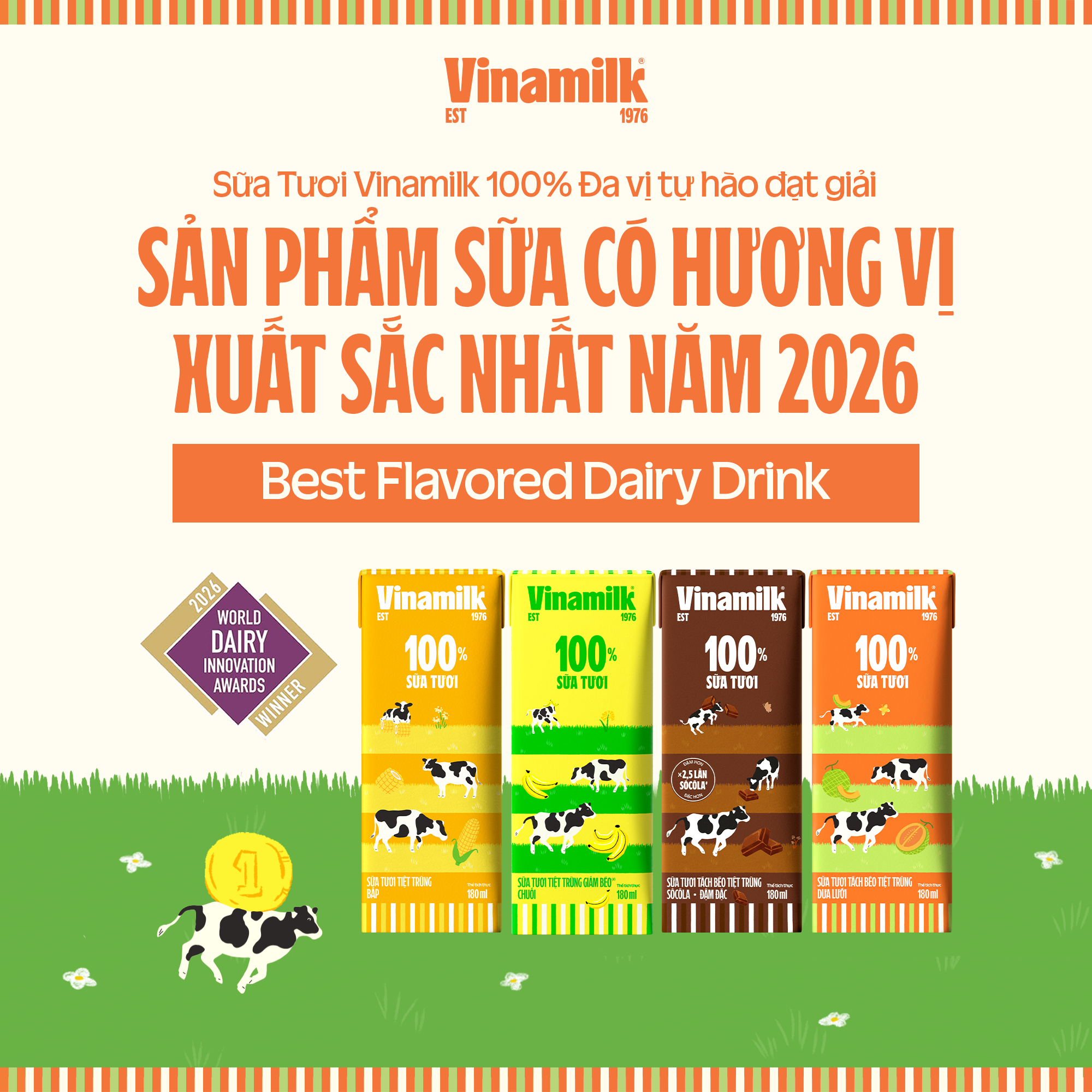 Sữa tươi Vinamilk 100% đa vị được vinh danh tại World Dairy Innovation Awards 2026 với hạng mục Sản phẩm sữa có hương vị xuất sắc nhất (Ảnh: VN). Sữa tươi Vinamilk 100% đa vị được vinh danh tại World Dairy Innovation Awards 2026 với hạng mục Sản phẩm sữa có hương vị xuất sắc nhất (Ảnh: VN).