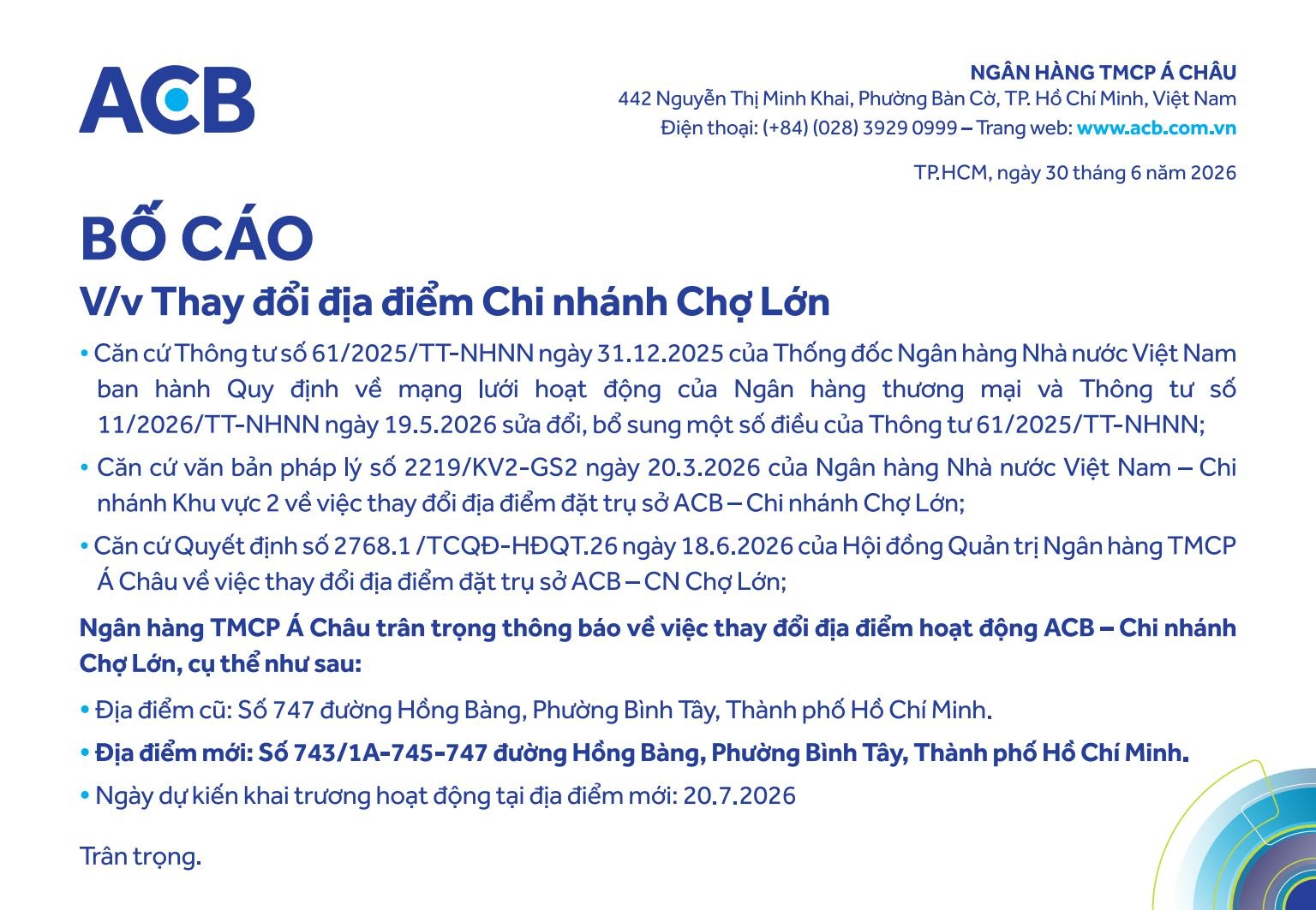 ACB bố cáo thay đổi địa điểm chi nhánh Chợ Lớn