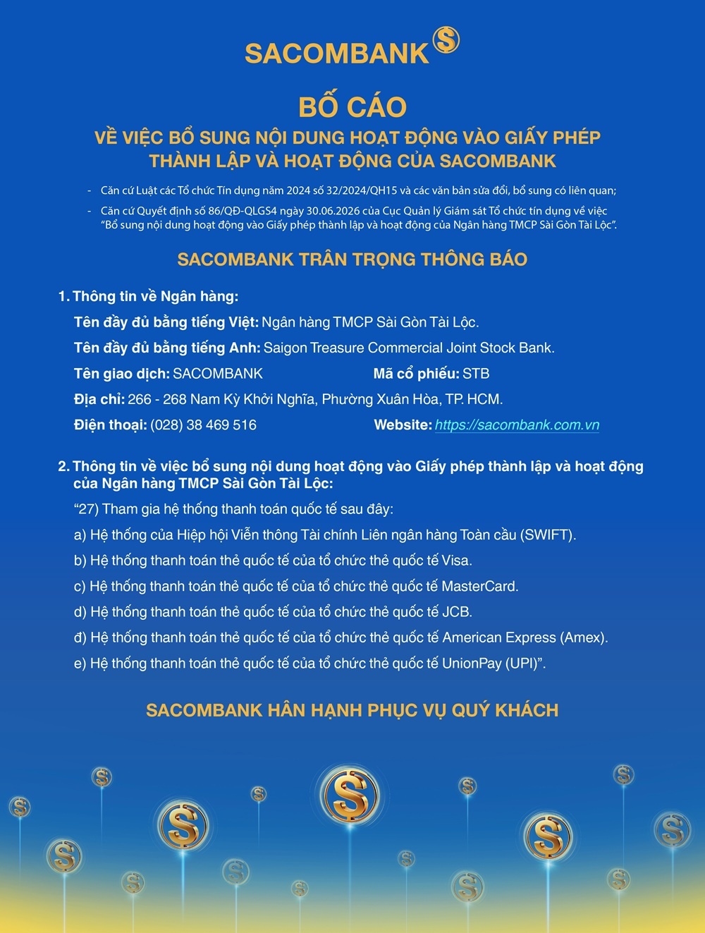 SACOMBANK bố cáo về việc bổ sung nội dung hoạt động vào Giấy phép thành lập và hoạt động