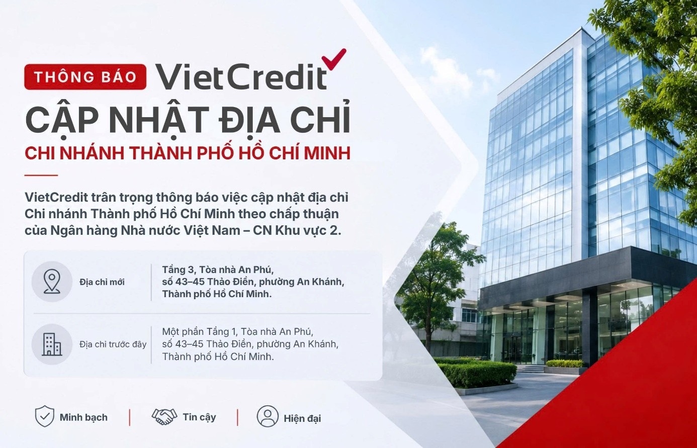 Thông báo về việc VietCredit cập nhật địa chỉ Chi nhánh Thành phố Hồ Chí Minh