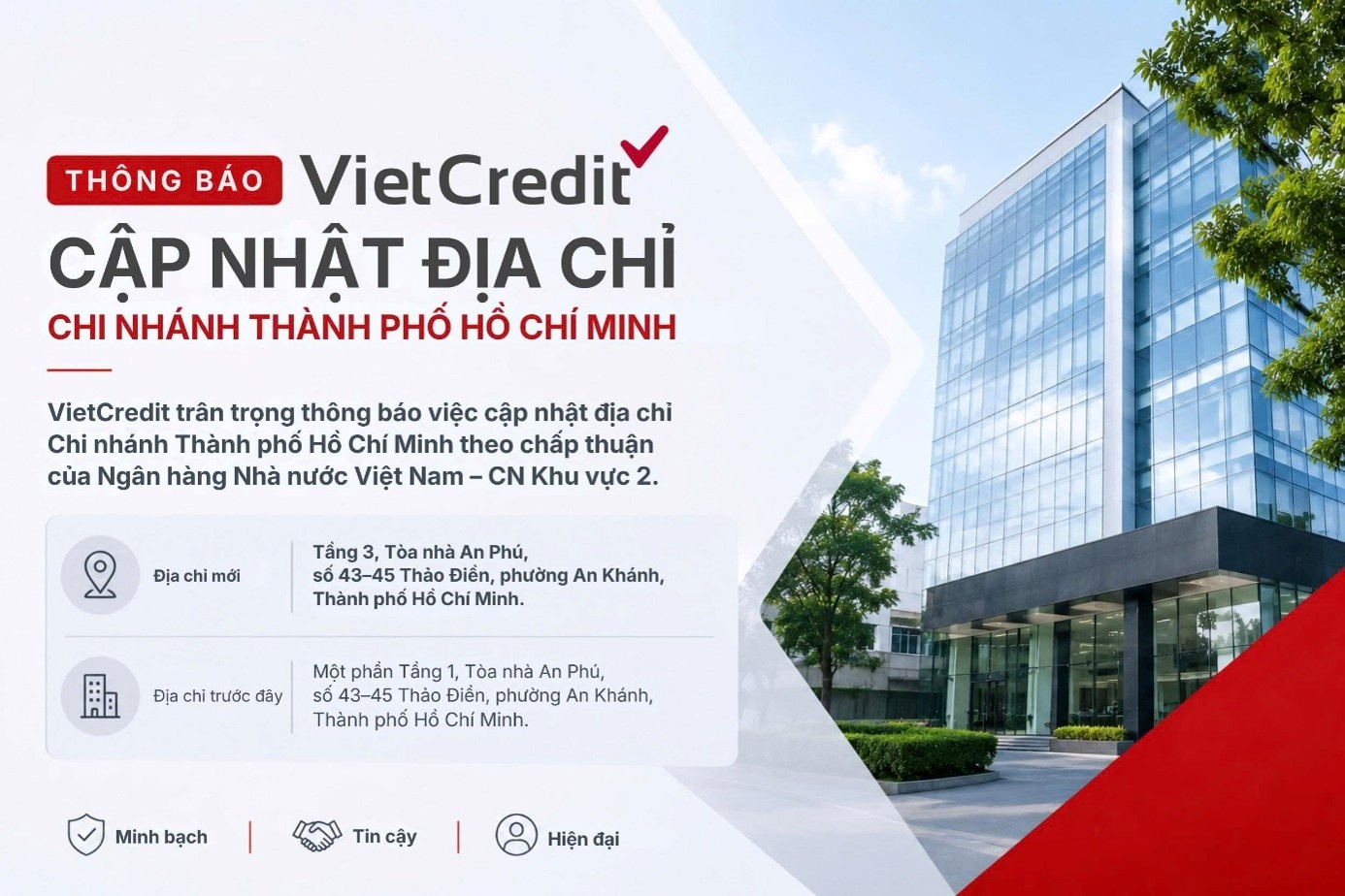 Thông báo về việc VietCredit cập nhật địa chỉ Chi nhánh Thành phố Hồ Chí Minh Thông báo về việc VietCredit cập nhật địa chỉ Chi nhánh Thành phố Hồ Chí Minh