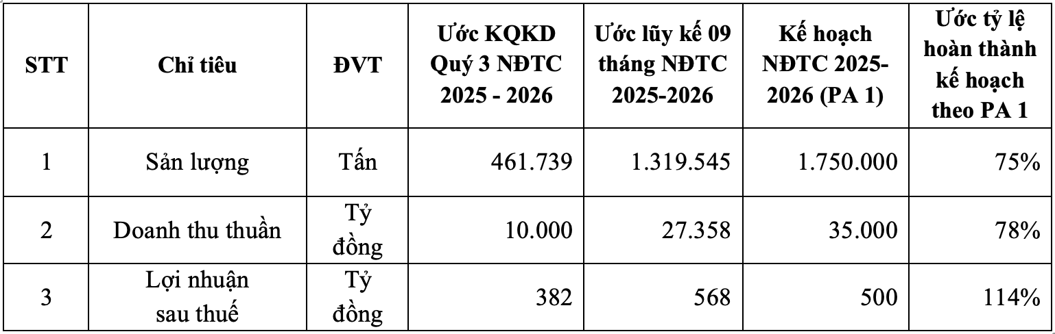 Bảng tổng hợp ước kết quả kinh doanh hợp nhất của HSG 09 tháng NĐTC 2025 - 2026