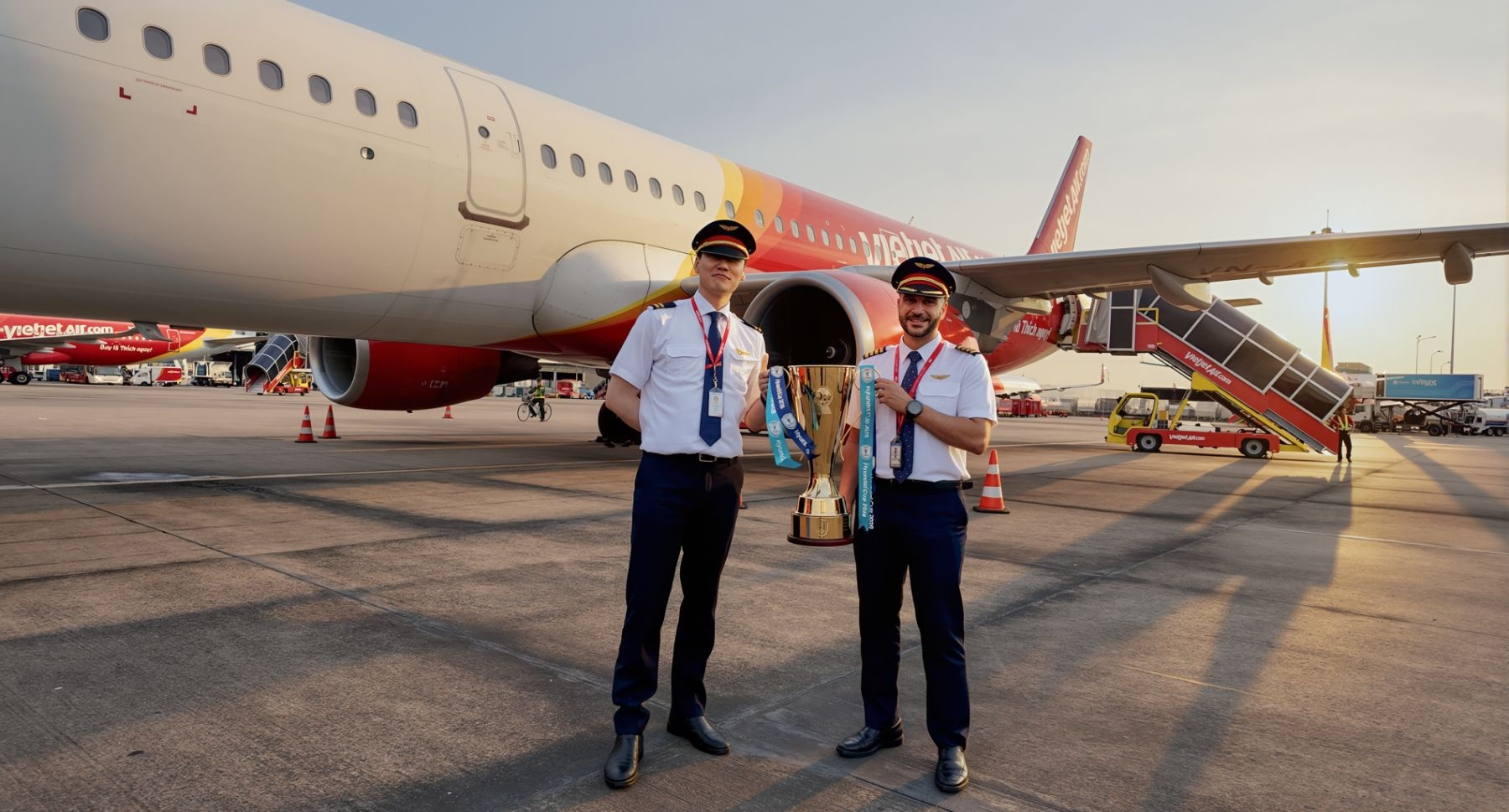 Phi hành đoàn Vietjet cùng lãnh đạo AFF, Sportfive, Vietjet tại lễ công bố hợp tác chiến lược. 