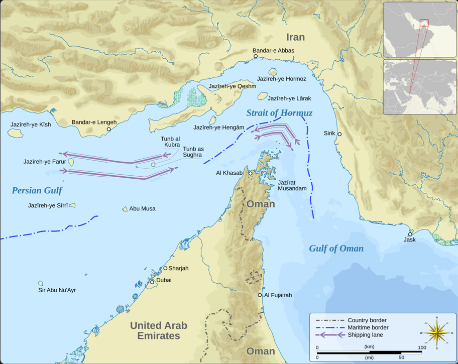 Eo biển Hormuz là tuyến vận tải chiến lược đối với thị trường dầu mỏ toàn cầu. Nguồn: Wikimedia Commons/Goran_tek-en. Eo biển Hormuz là tuyến vận tải chiến lược đối với thị trường dầu mỏ toàn cầu. Nguồn: Wikimedia Commons/Goran_tek-en.