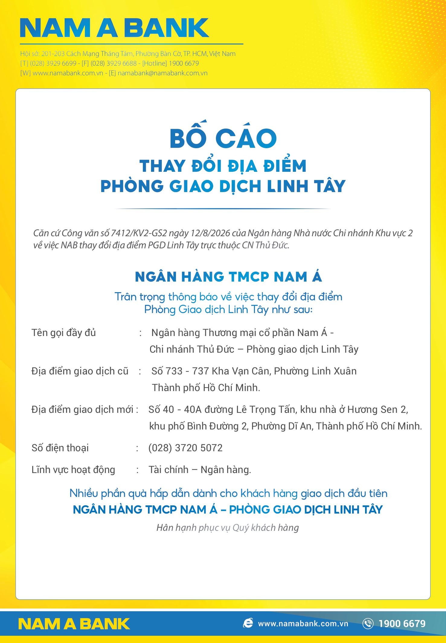 Nam A Bank bố cáo thay đổi địa điểm PGD Linh Tây