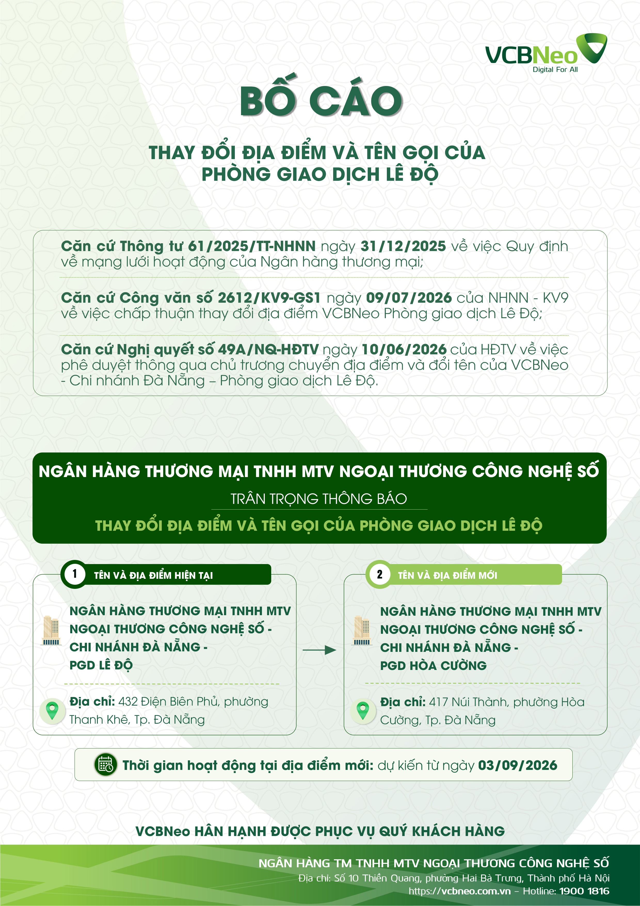 VCBNeo bố cáo thay đổi địa điểm và tên gọi của PGD Lê Độ
