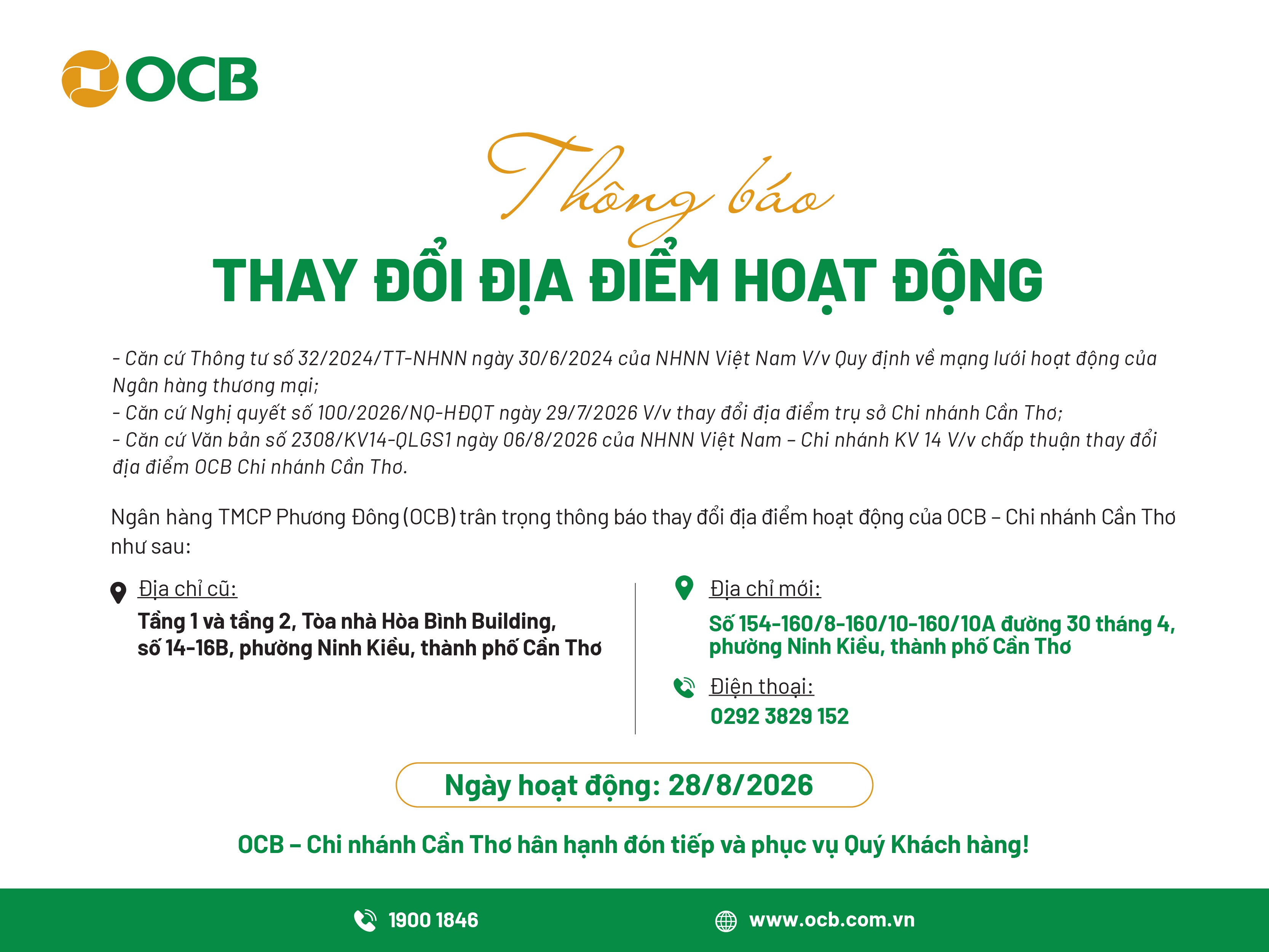 OCB thông báo thay đổi địa điểm hoạt động Chi nhánh Cần Thơ