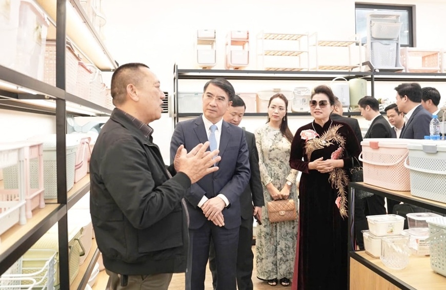 Phó chủ tịch UBND TP Hà Nội Nguyễn Xuân Lưu thăm Công ty TNHH Nhựa Việt Nhật (xã Dân Hòa). Ảnh: Thái Hồng