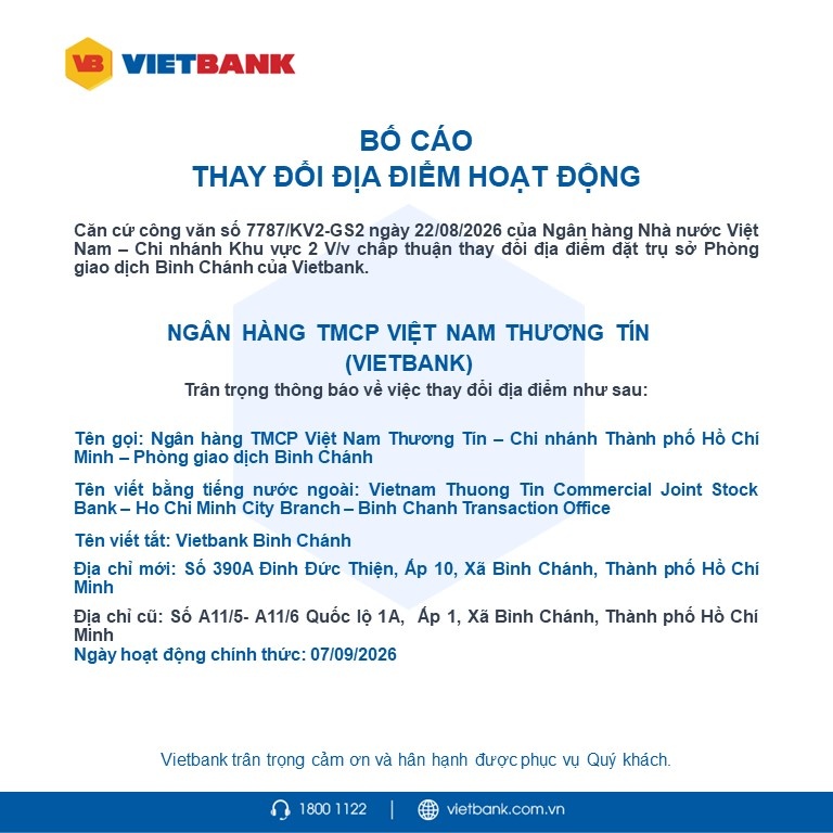 Vietbank bố cáo thay đổi địa điểm hoạt động PGD Bình Chánh