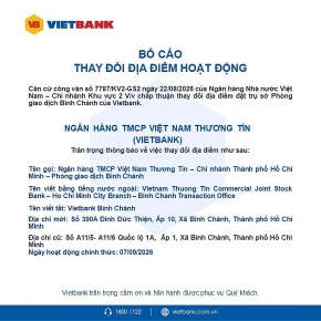 Vietbank bố cáo thay đổi địa điểm hoạt động PGD Bình Chánh