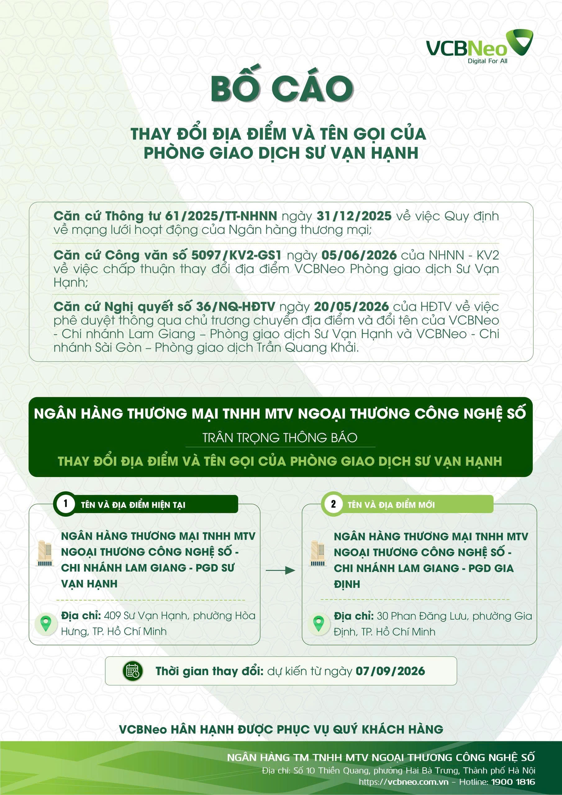 VCBNeo bố cáo thay đổi địa điểm và tên gọi của PGD Sư Vạn Hạnh