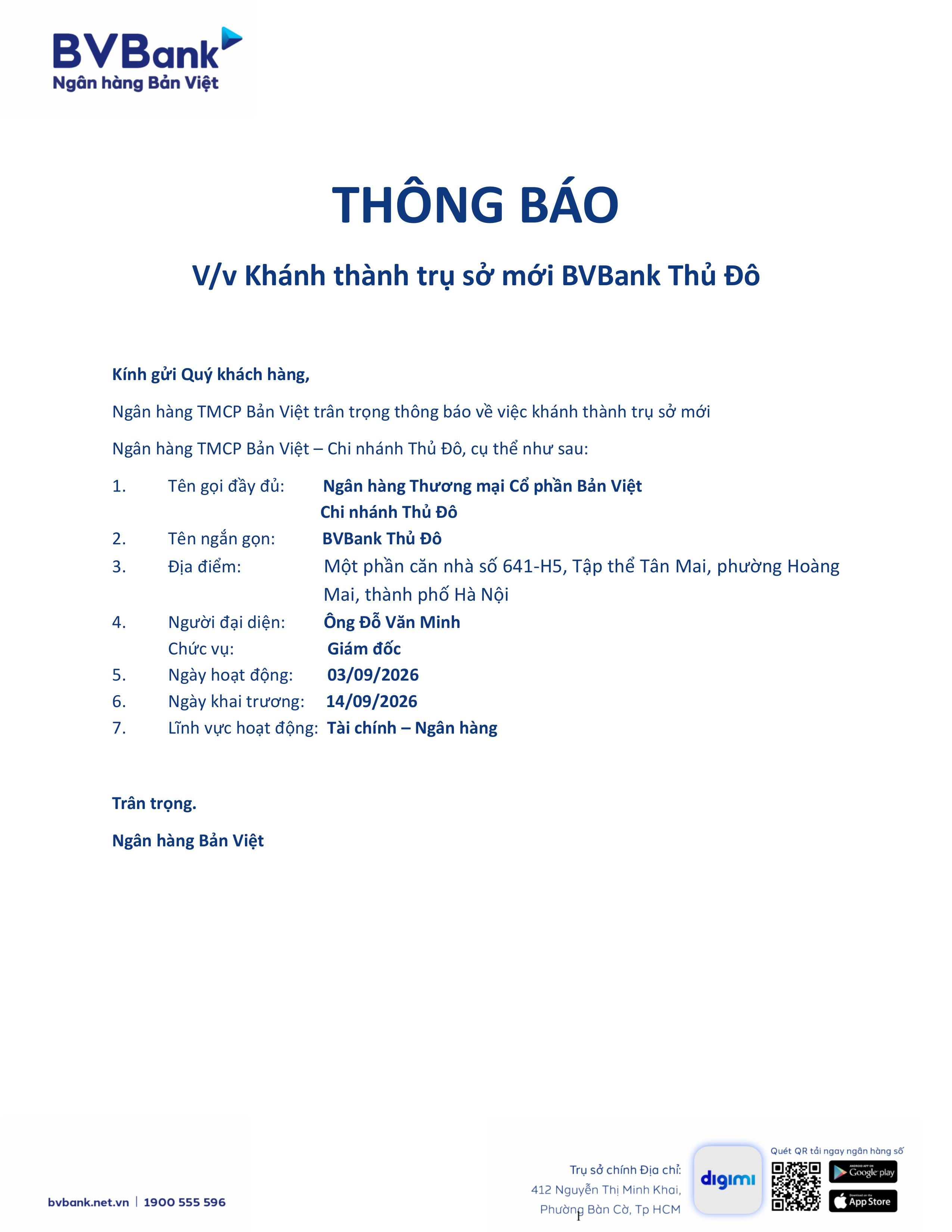 Thông báo khánh thành trụ sở BVBank Thủ Đô