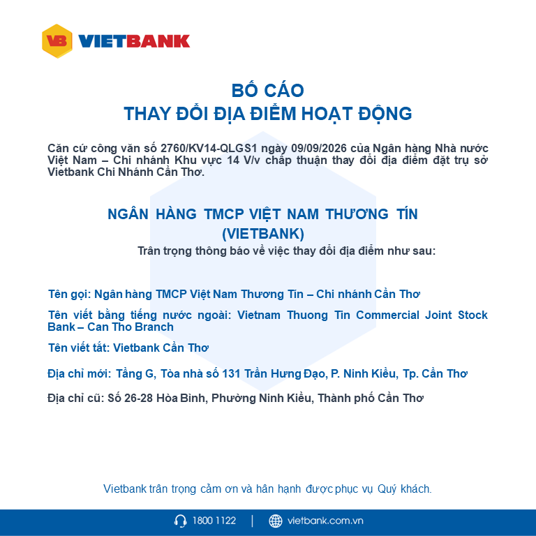 Vietbank bố cáo thay đổi địa điểm hoạt động Chi nhánh Cần Thơ