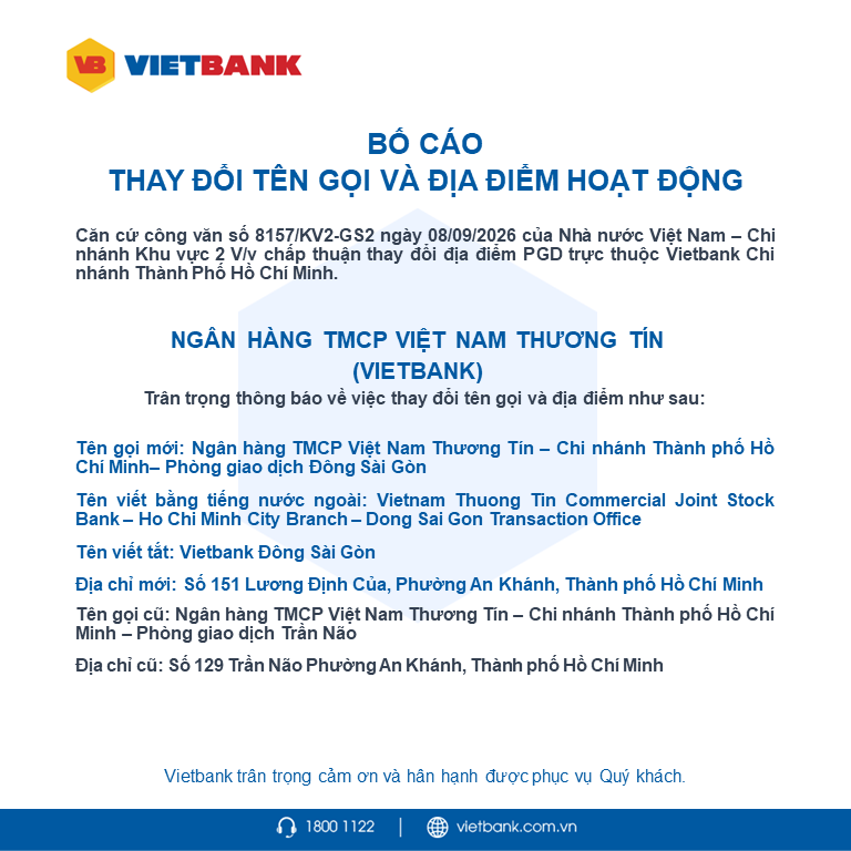 Vietbank bố cáo thay đổi tên gọi và địa điểm hoạt động PGD Đông Sài Gòn