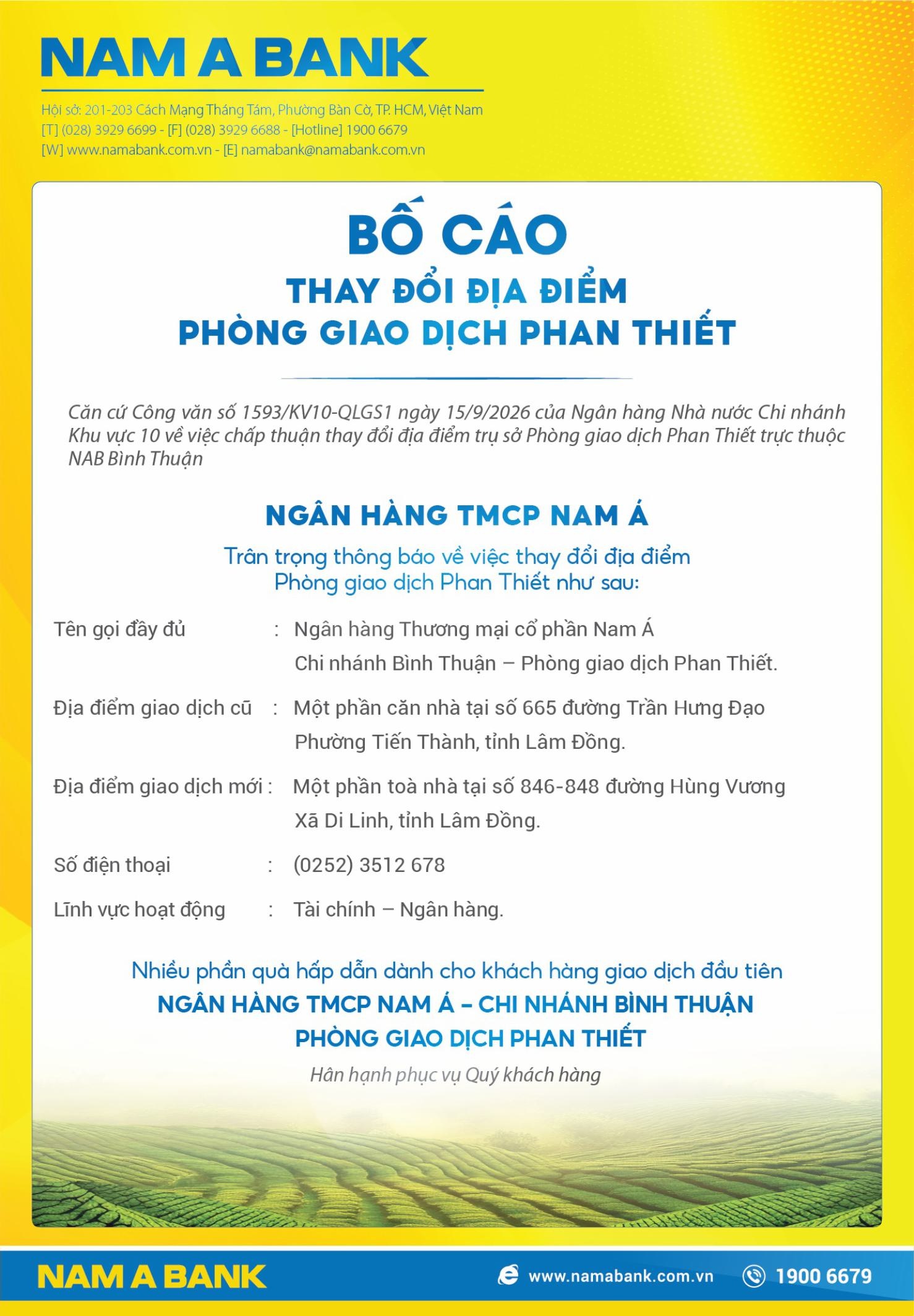 Nam A Bank bố cáo thay đổi địa điểm PGD Phan Thiết
