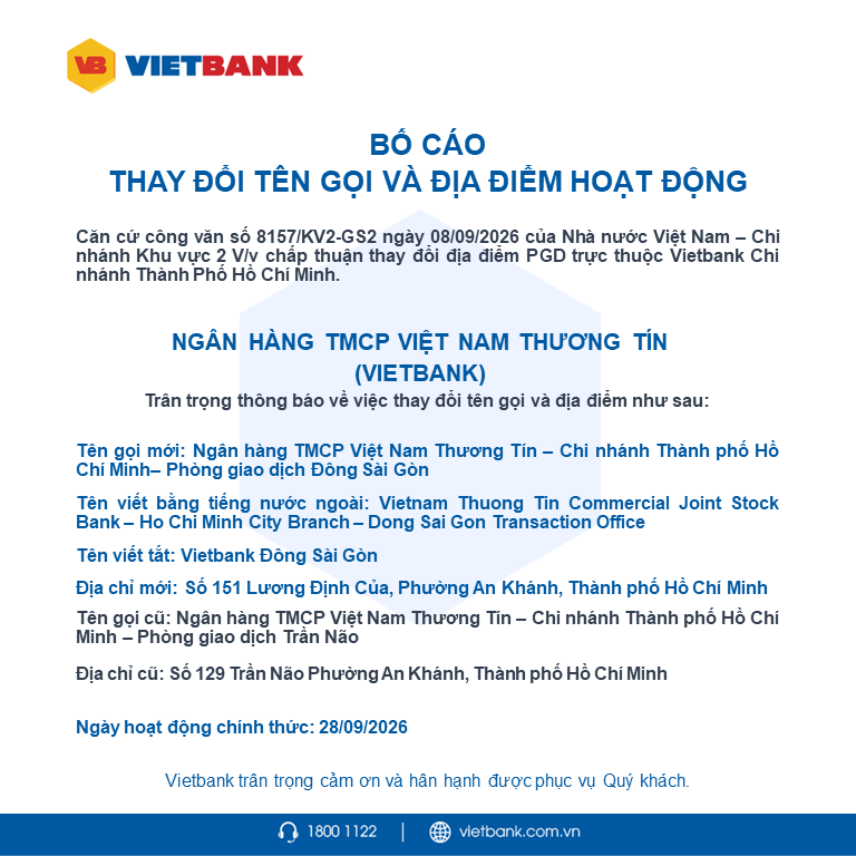 Vietbank bố cáo thay đổi tên gọi và địa điểm hoạt động
