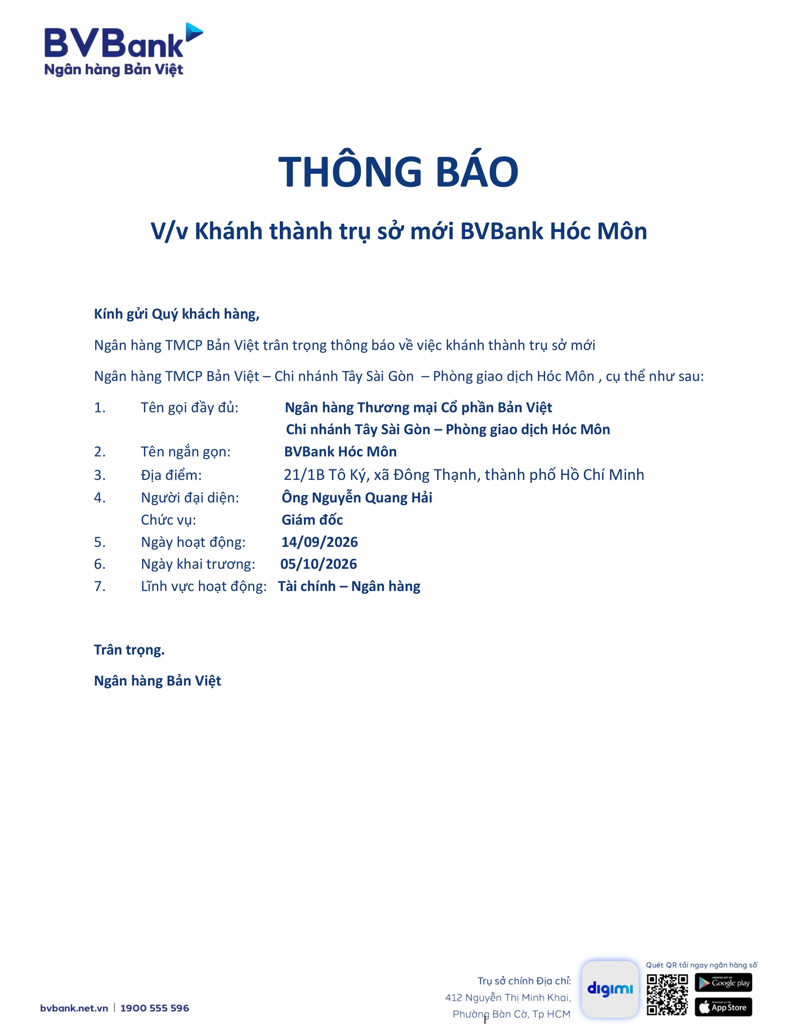 Thông báo khánh thành trụ sở mới BVBank Hóc Môn