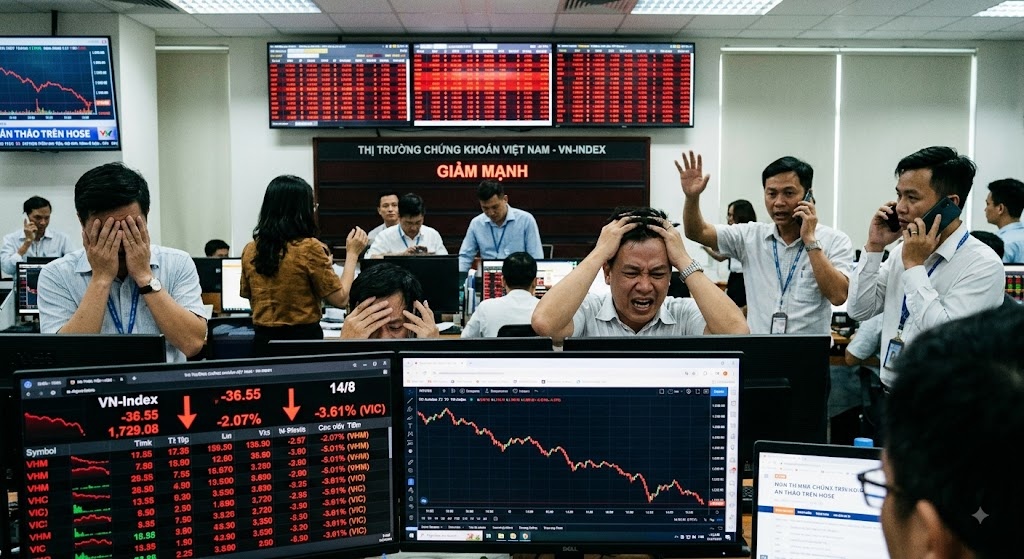 Áp lực bán gia tăng khiến VN-Index giảm mạnh, nhiều cổ phiếu vốn hóa lớn đồng loạt chìm trong sắc đỏ Áp lực bán gia tăng khiến VN-Index giảm mạnh, nhiều cổ phiếu vốn hóa lớn đồng loạt chìm trong sắc đỏ