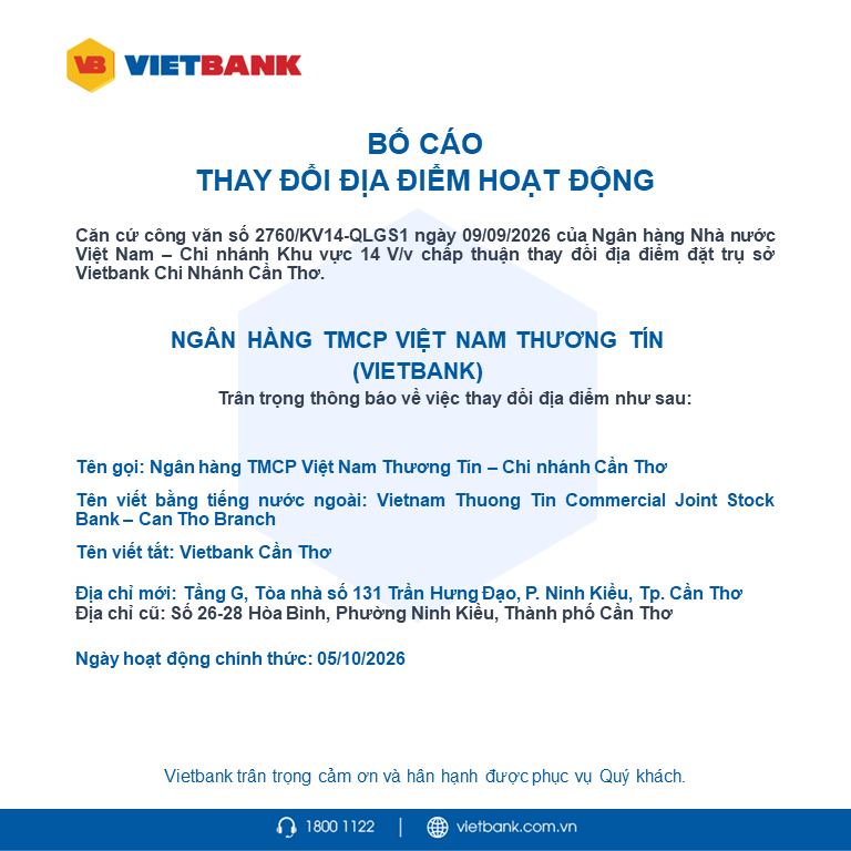 Vietbank bố cáo thay đổi địa điểm hoạt động Chi nhánh Cần Thơ