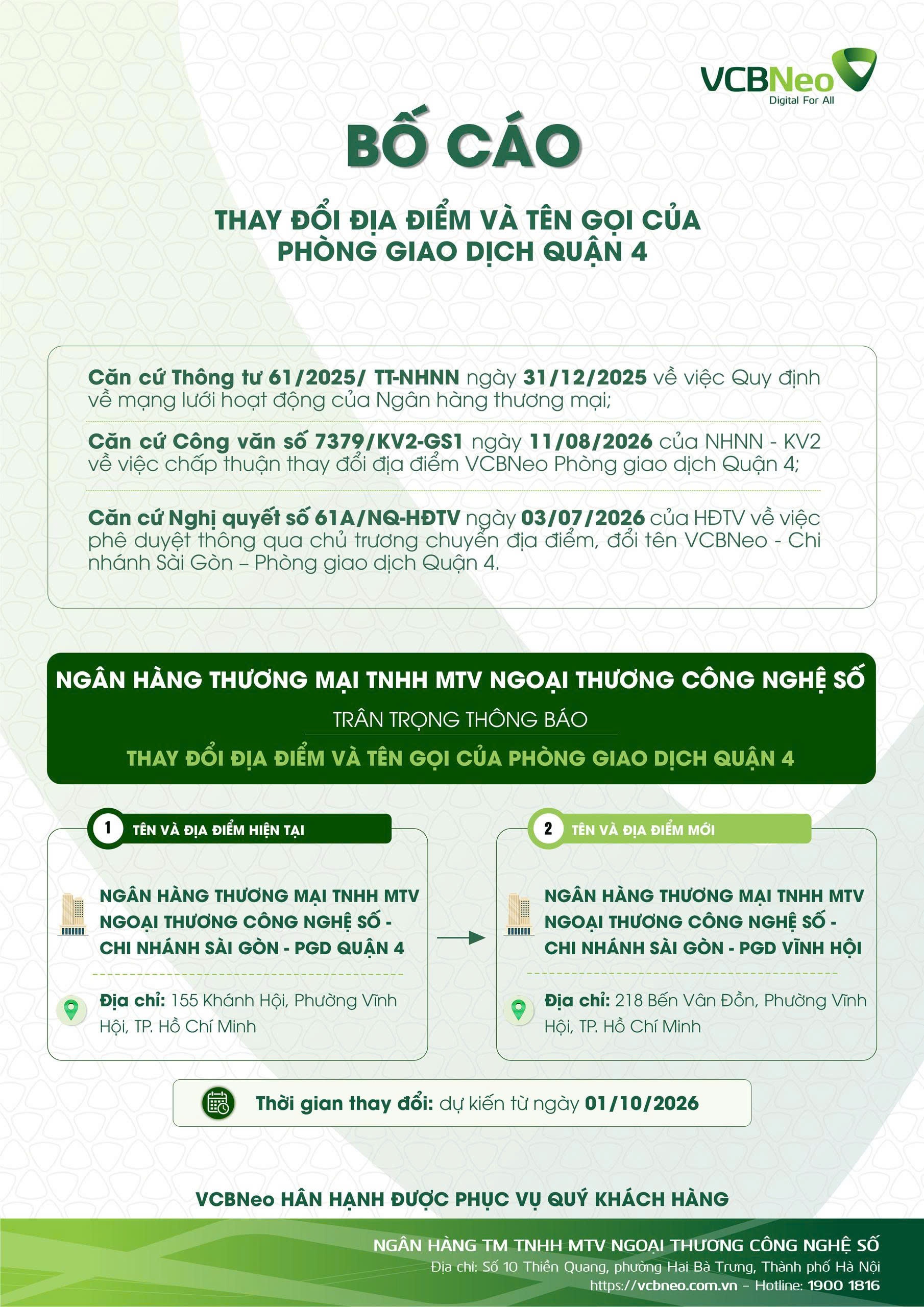 VCBNeo bố cáo thay đổi địa điểm và tên gọi PGD Quận 4
