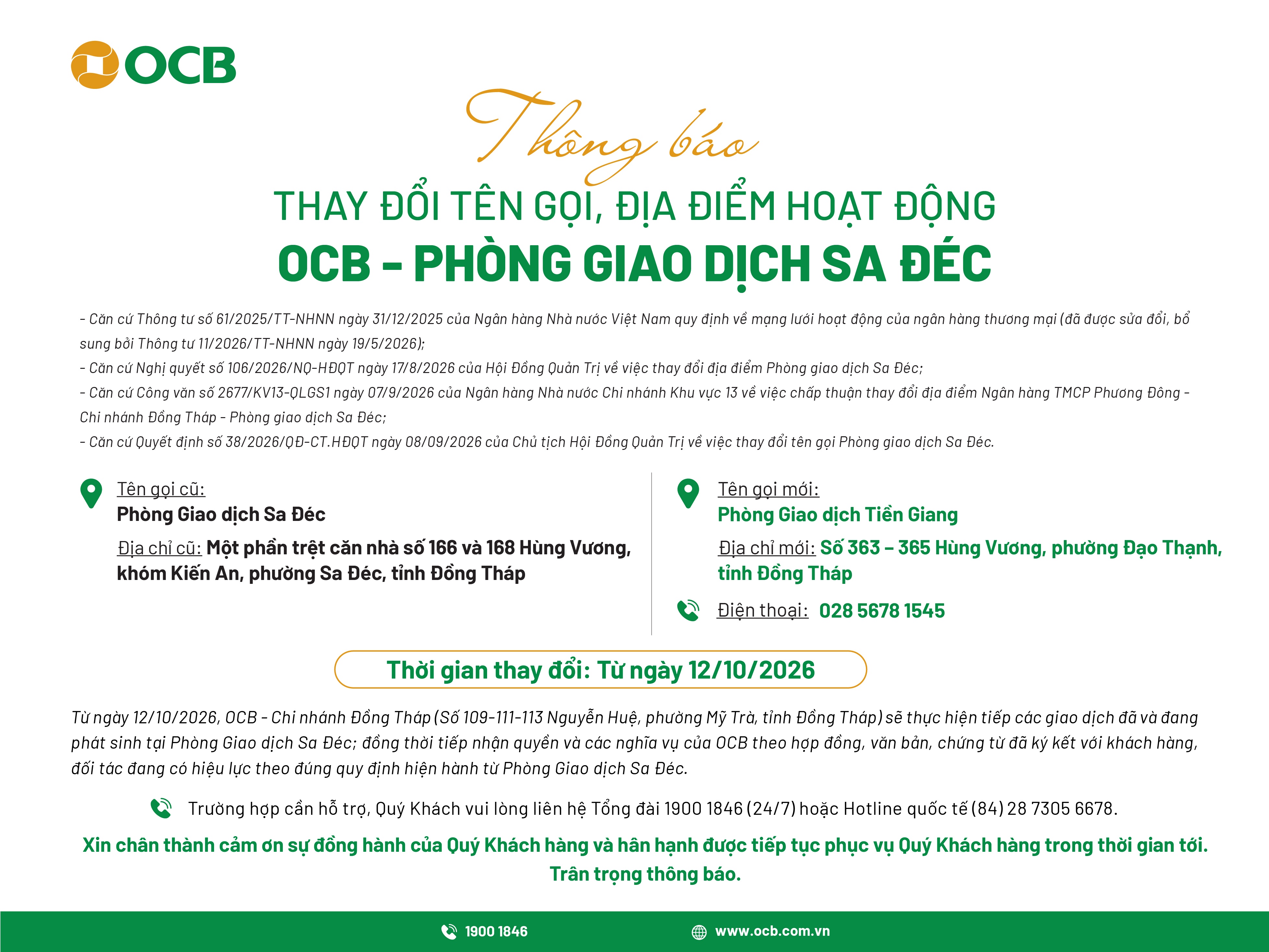 OCB thông báo thay đổi tên gọi, địa điểm hoạt động PGD Sa Đéc (Đồng Tháp)