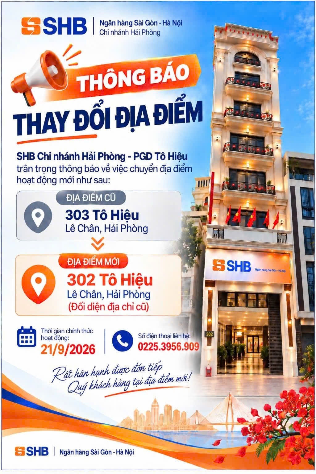 Thông báo thay đổi địa điểm hoạt động Phòng giao dịch Tô Hiệu – Ngân hàng TMCP Sài Gòn – Hà Nội (SHB), Chi nhánh Hải Phòng