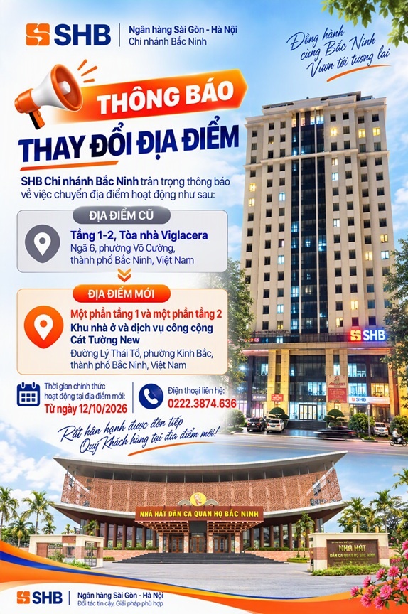 Thông báo thay đổi địa điểm hoạt động – Ngân hàng TMCP Sài Gòn – Hà Nội (SHB), Chi nhánh Bắc Ninh Thông báo thay đổi địa điểm hoạt động – Ngân hàng TMCP Sài Gòn – Hà Nội (SHB), Chi nhánh Bắc Ninh
