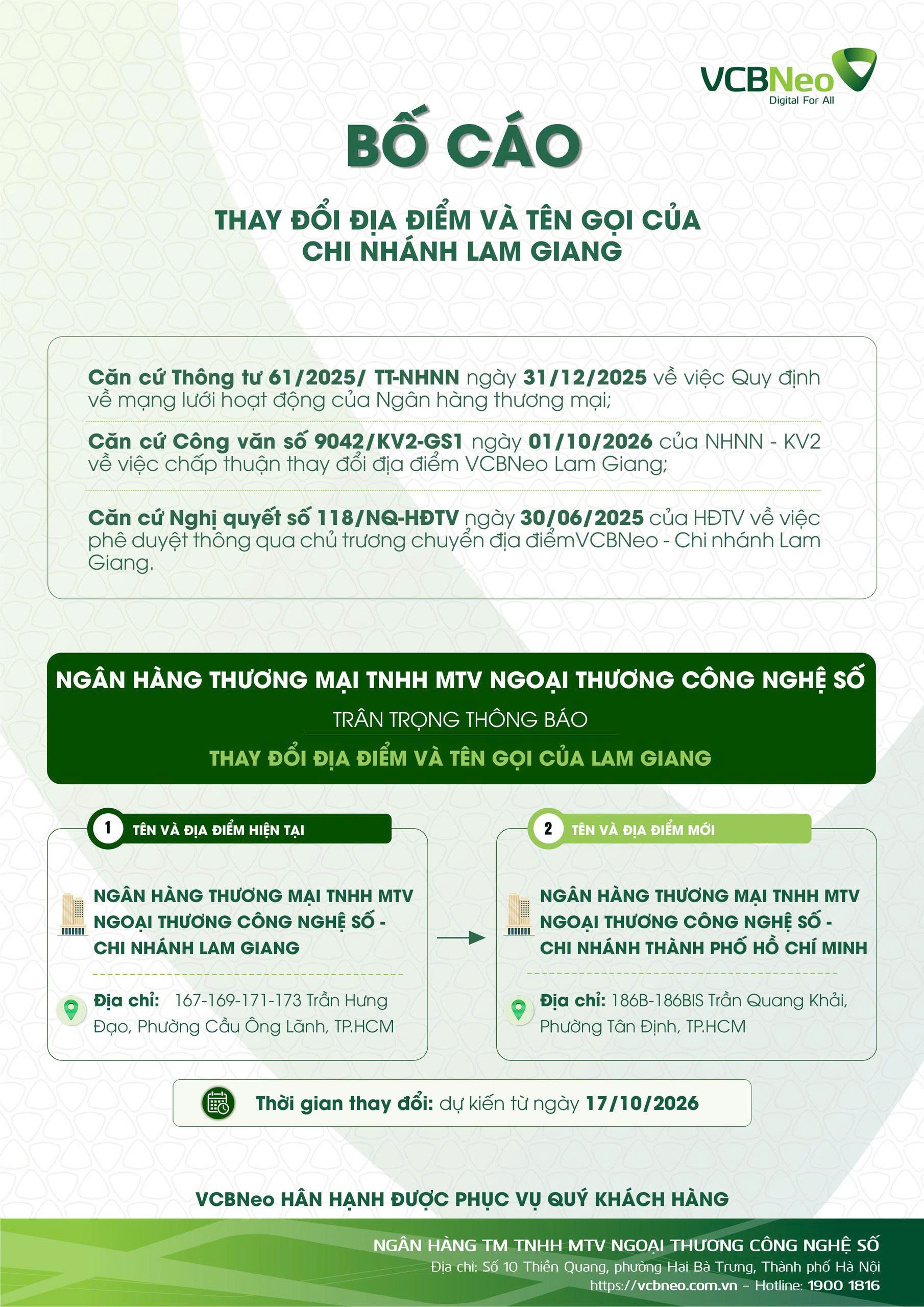 VCBNeo bố cáo thay đổi địa điểm và tên gọi của chi nhánh Lam Giang