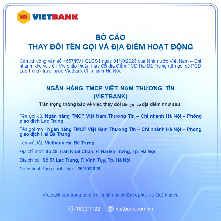 Vietbank bố cáo thay đổi tên gọi và địa điểm hoạt động Vietbank bố cáo thay đổi tên gọi và địa điểm hoạt động