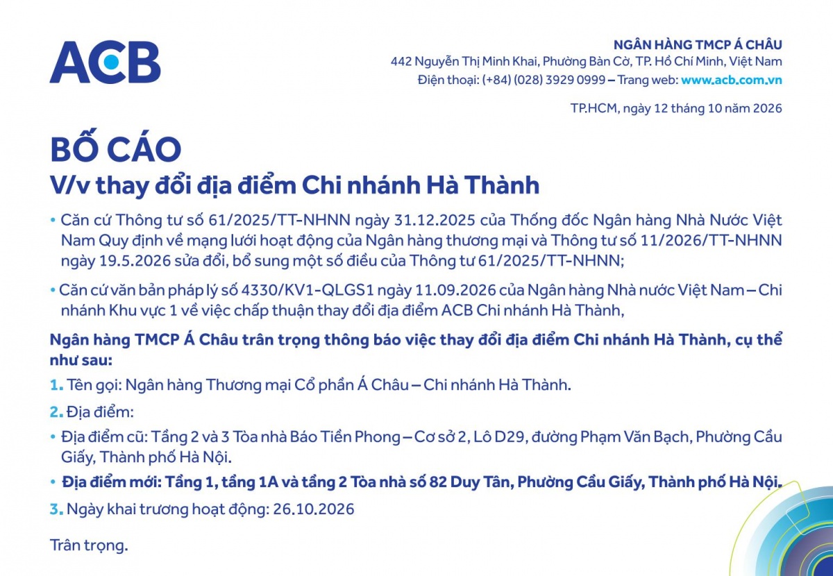 ACB bố cáo thay đổi địa điểm chi nhánh Hà Thành