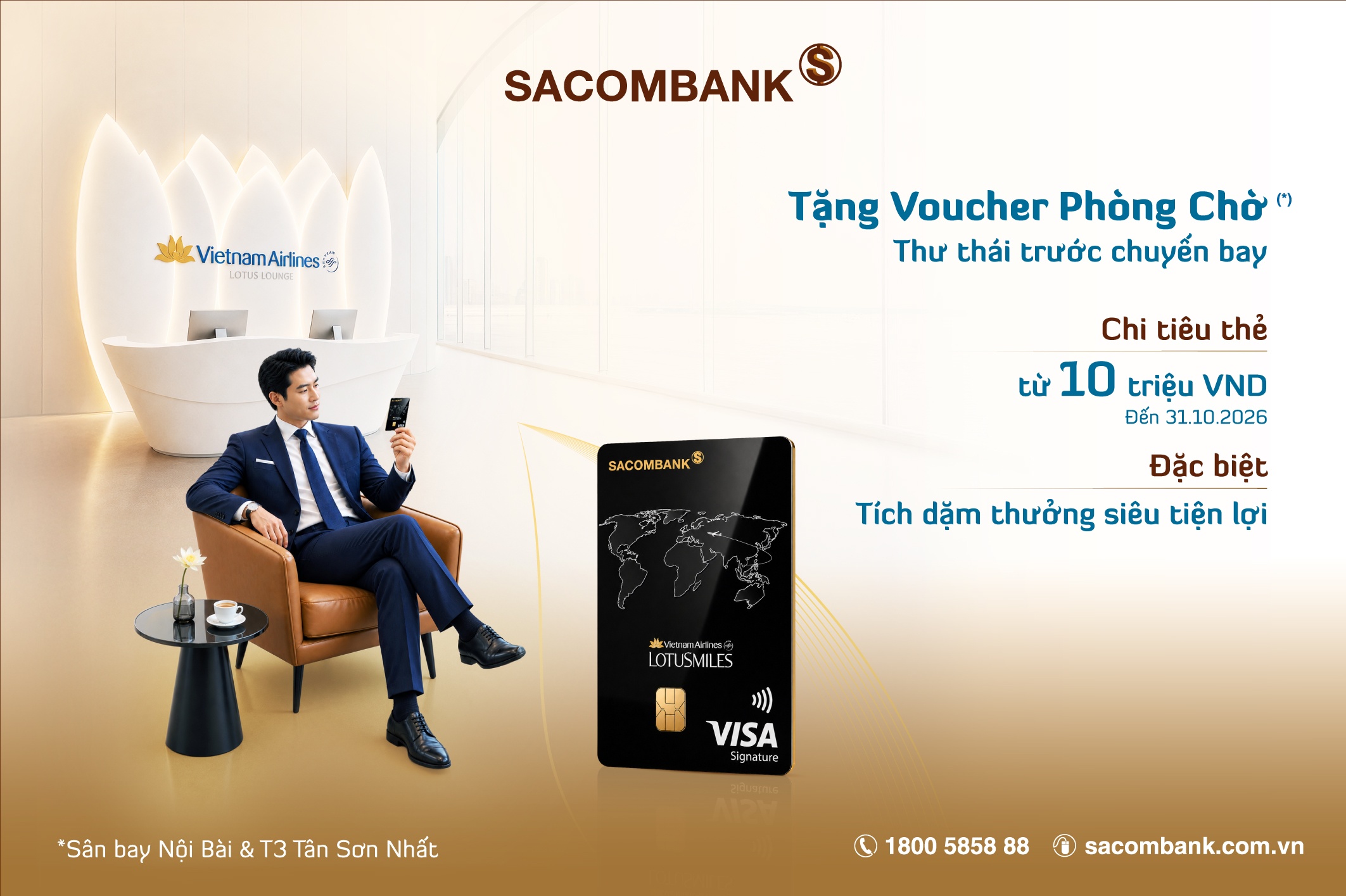Tặng 500 voucher phòng chờ bông sen cho chủ thẻ SACOMBANK Vietnam Airlines Visa