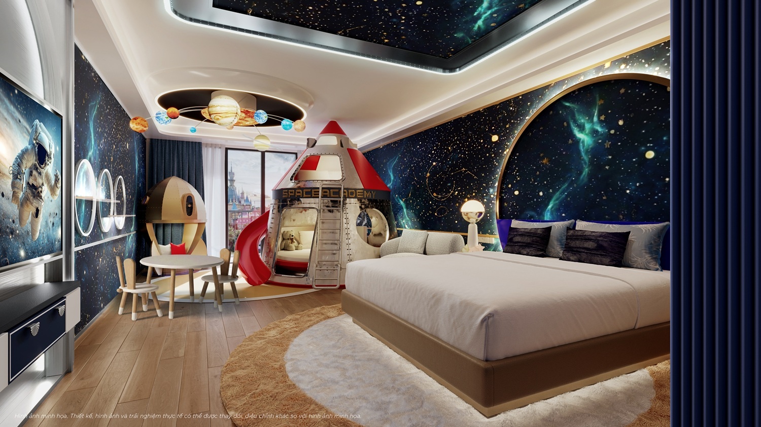 Phòng gia đình tại Dream Palace, nơi câu chuyện du hành của Giáo sư Morgan được tiếp nối trong không gian lưu trú