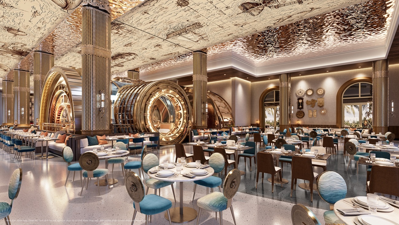 Nhà hàng tại Dream Palace, nơi trải nghiệm ẩm thực được kết nối với câu chuyện thám hiểm đại dương của Giáo sư Morgan
