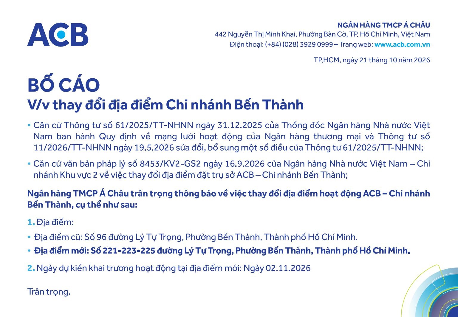 ACB bố cáo thay đổi địa điểm chi nhánh Bến Thành