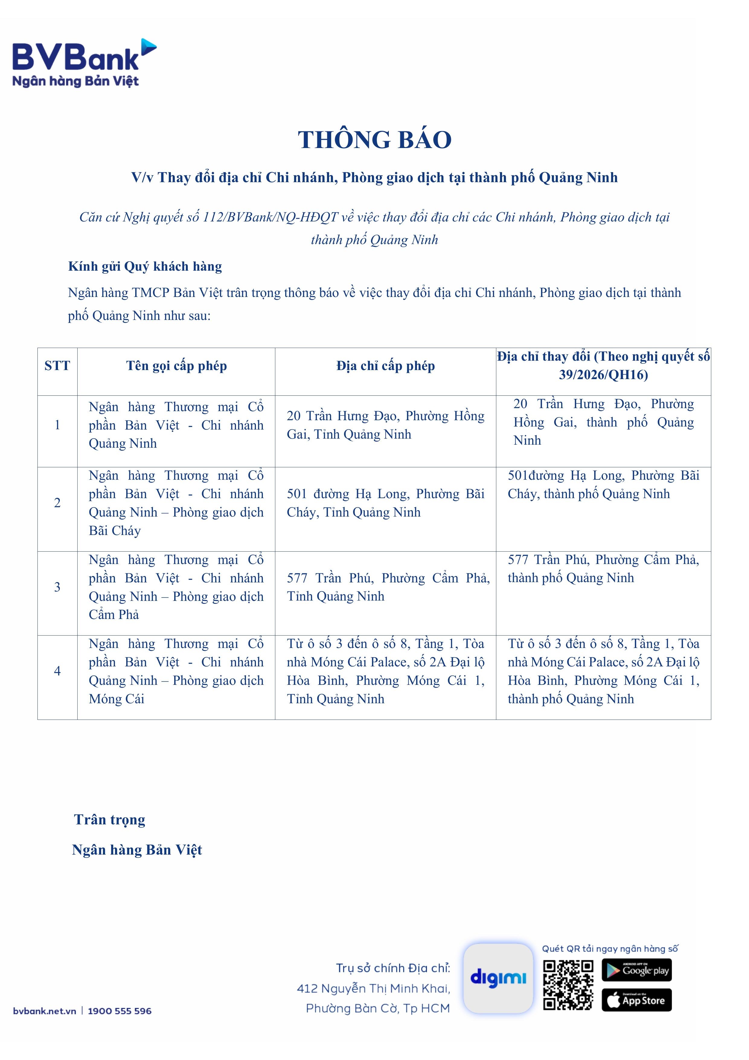 Vietbank thông báo thay đổi địa chỉ Chi nhánh, Phòng giao dịch tại thành phố Quảng Ninh