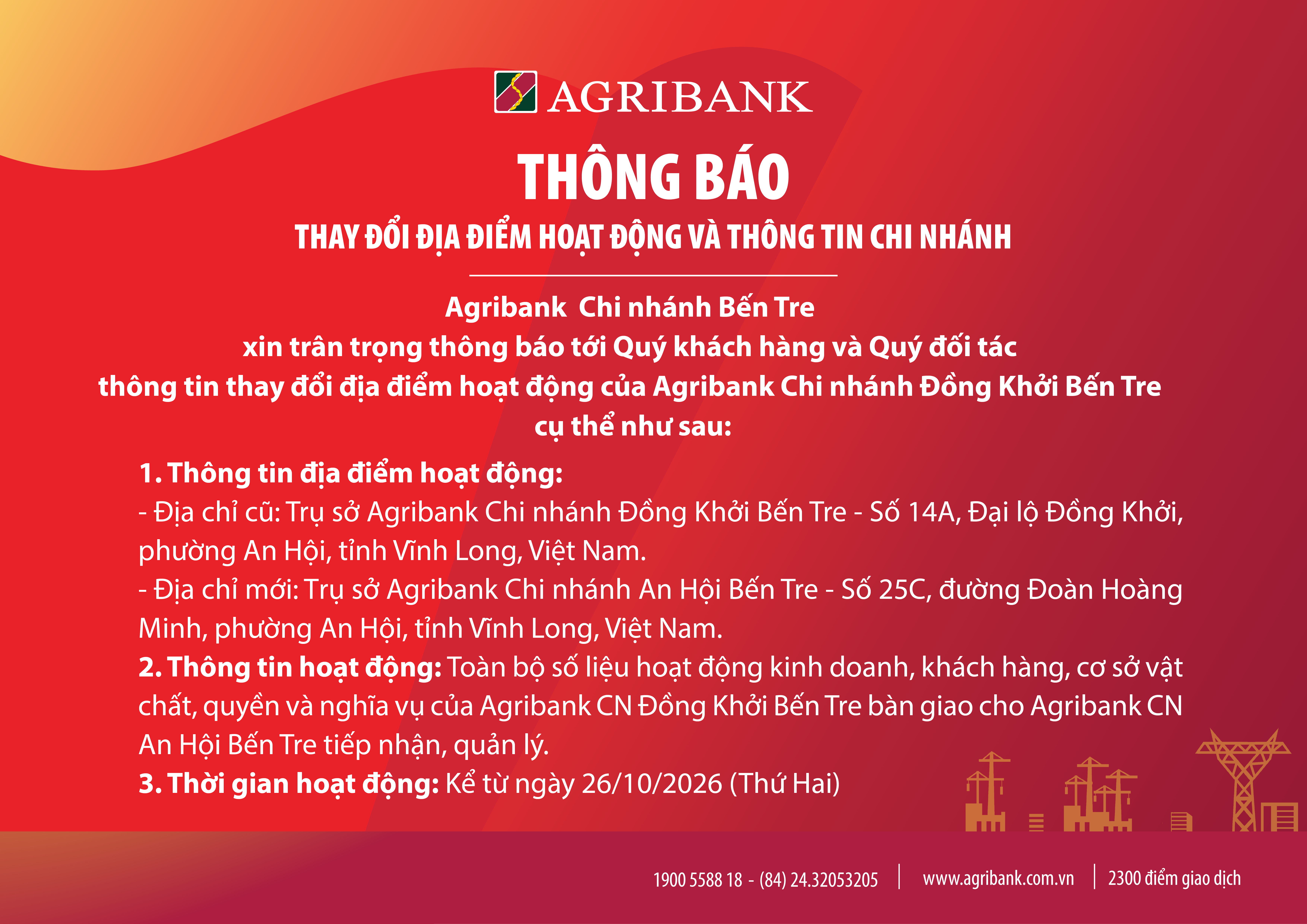 Thông báo thay đổi địa điểm hoạt động của Agribank Chi nhánh Đồng Khởi Bến Tre Thông báo thay đổi địa điểm hoạt động của Agribank Chi nhánh Đồng Khởi Bến Tre