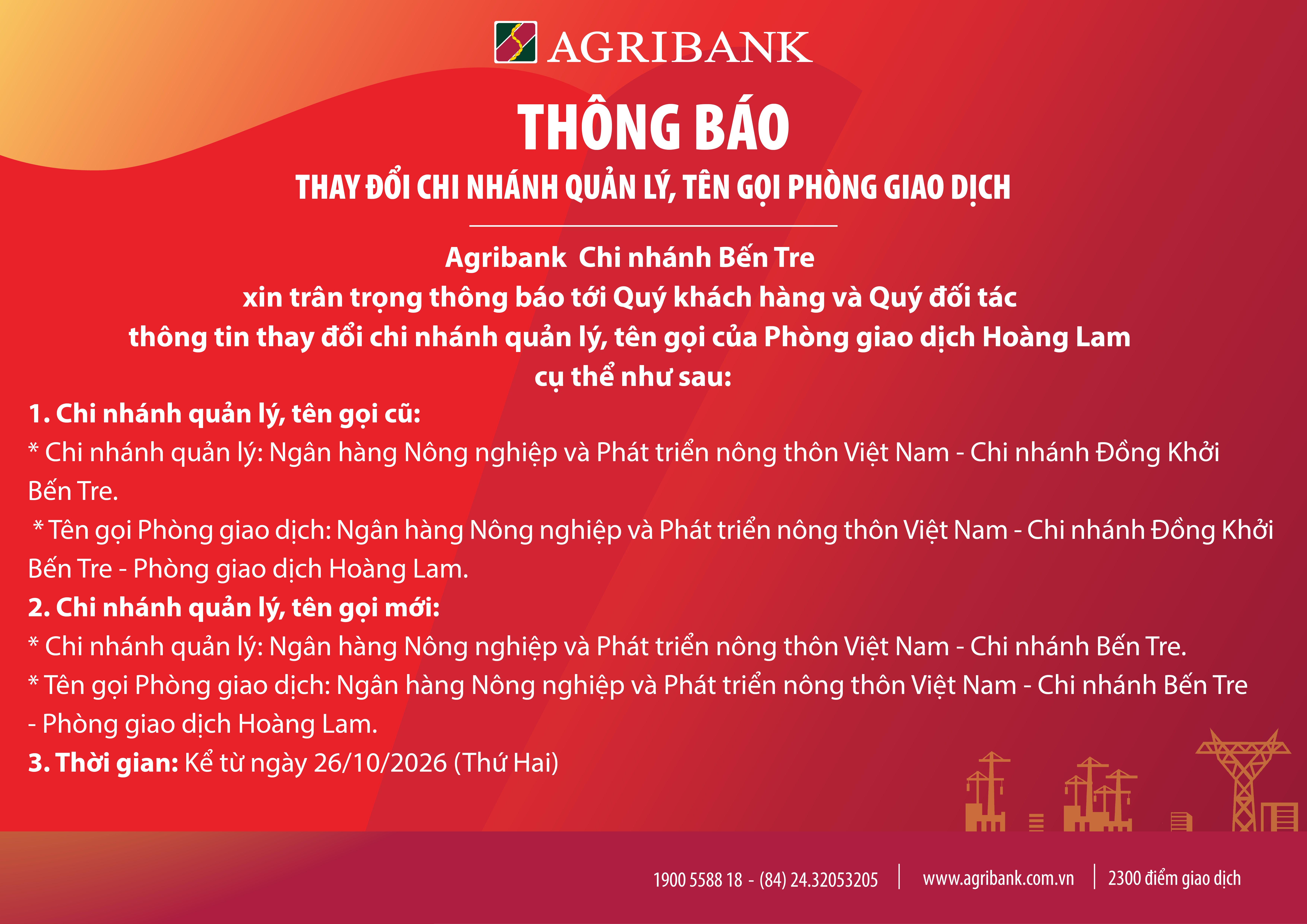 Thông báo thay đổi chi nhánh quản lý, tên gọi của Phòng giao dịch Hoàng Lam thuộc Agribank Chi nhánh Đồng Khởi Bến Tre