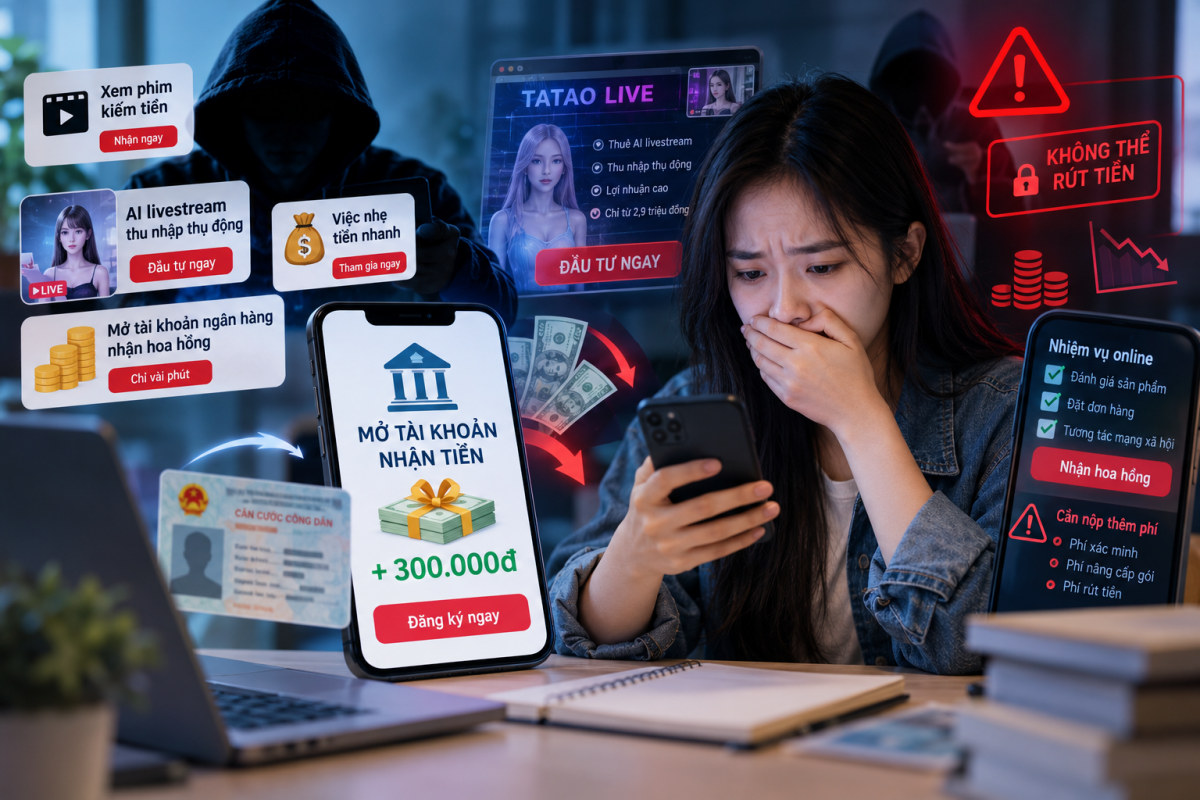 Người dân cần cảnh giác các thủ đoạn lừa đảo mới trên mạng. Ảnh minh hoạ: AI Người dân cần cảnh giác các thủ đoạn lừa đảo mới trên mạng. Ảnh minh hoạ: AI