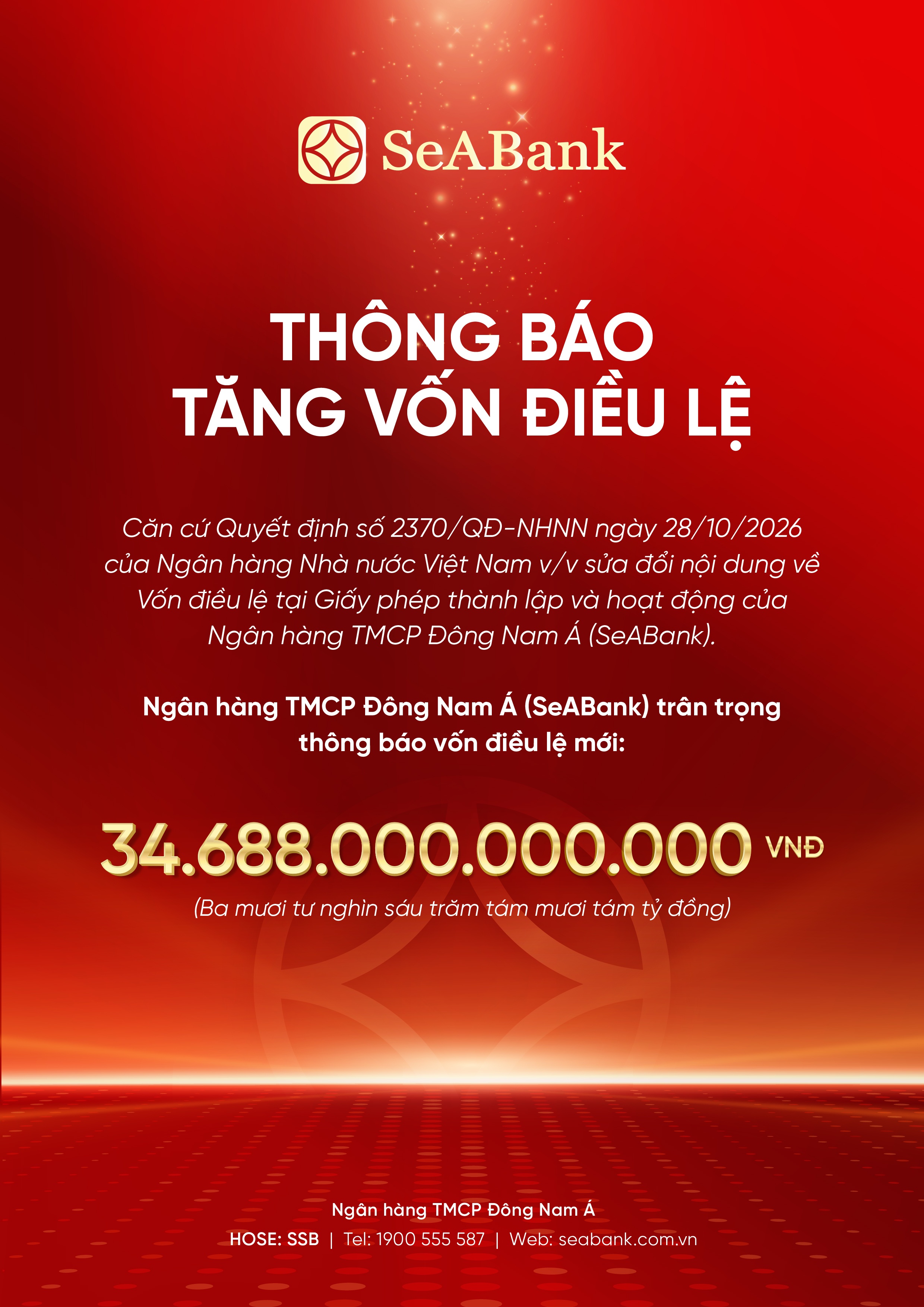 SeABank thông báo tăng vốn điều lệ SeABank thông báo tăng vốn điều lệ