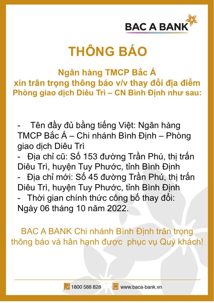 BAC A BANK thay đổi địa điểm Phòng giao dịch Diêu Trì - Chi nhánh Bình Định