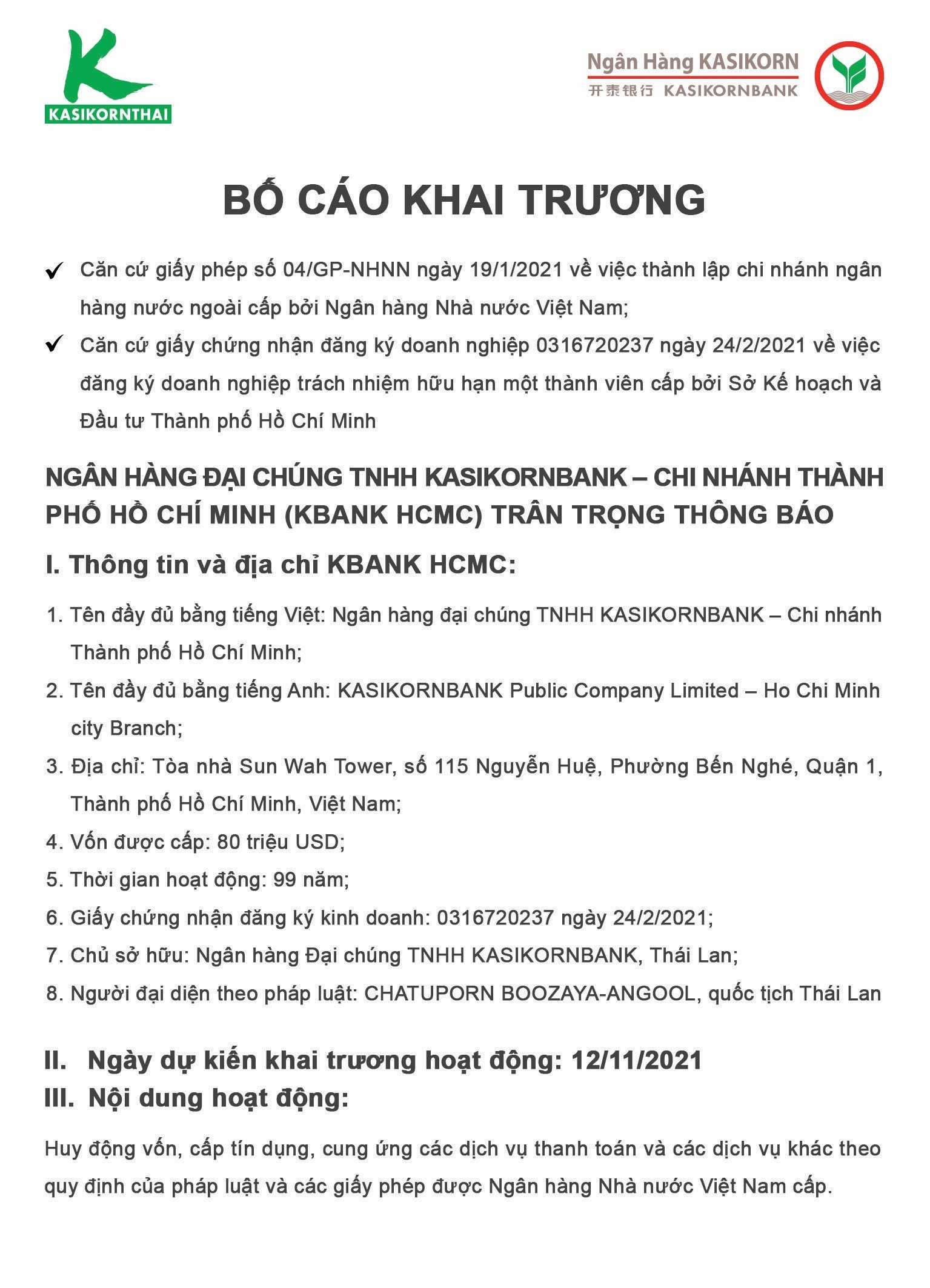 Bố cáo khai trương Ngân hàng đại chúng TNHH KASIKORNBANK chi nhánh Thành phố Hồ Chí Minh