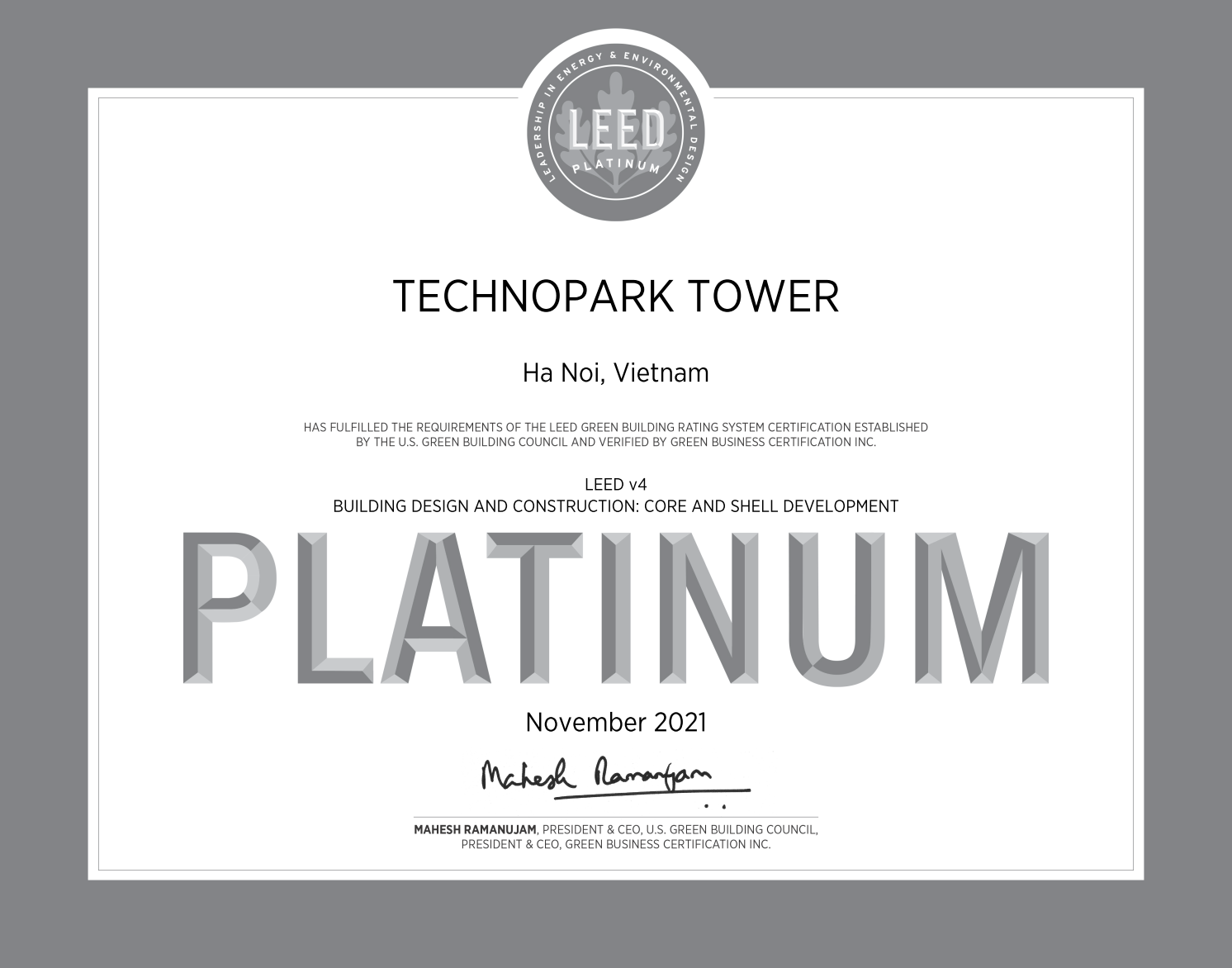 TechnoPark Tower đạt chứng chỉ Công trình Xanh LEED Platinum