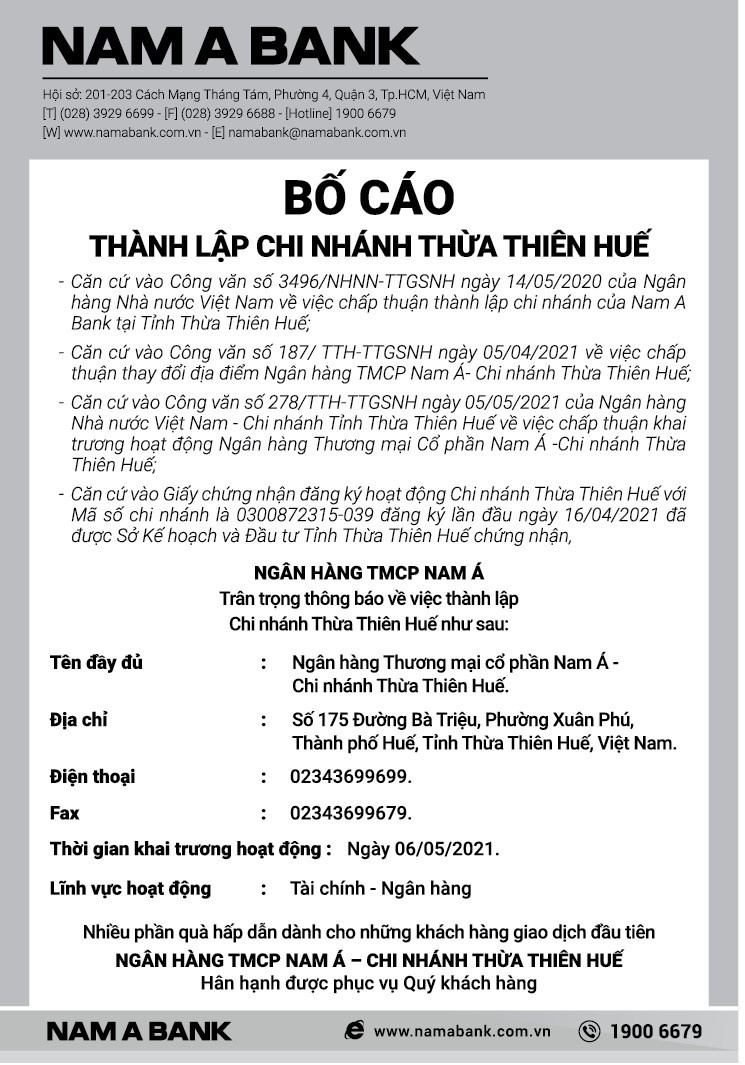 Bố cáo thành lập NamABank chi nhánh Thừa Thiên Huế