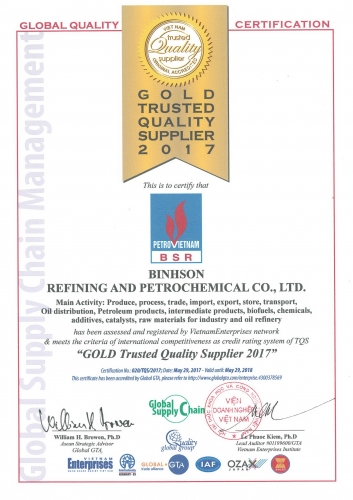 Lọc hóa dầu Bình Sơn đạt chứng nhận “Nhà cung cấp Chất lượng Vàng”