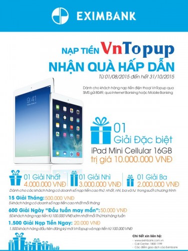 Cơ hội trúng iPad mini khi nạp tiền điện thoại VnTopup qua Eximbank