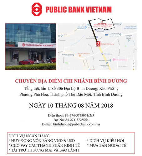 Public Bank Việt Nam chuyển địa điểm chi nhánh Bình Dương